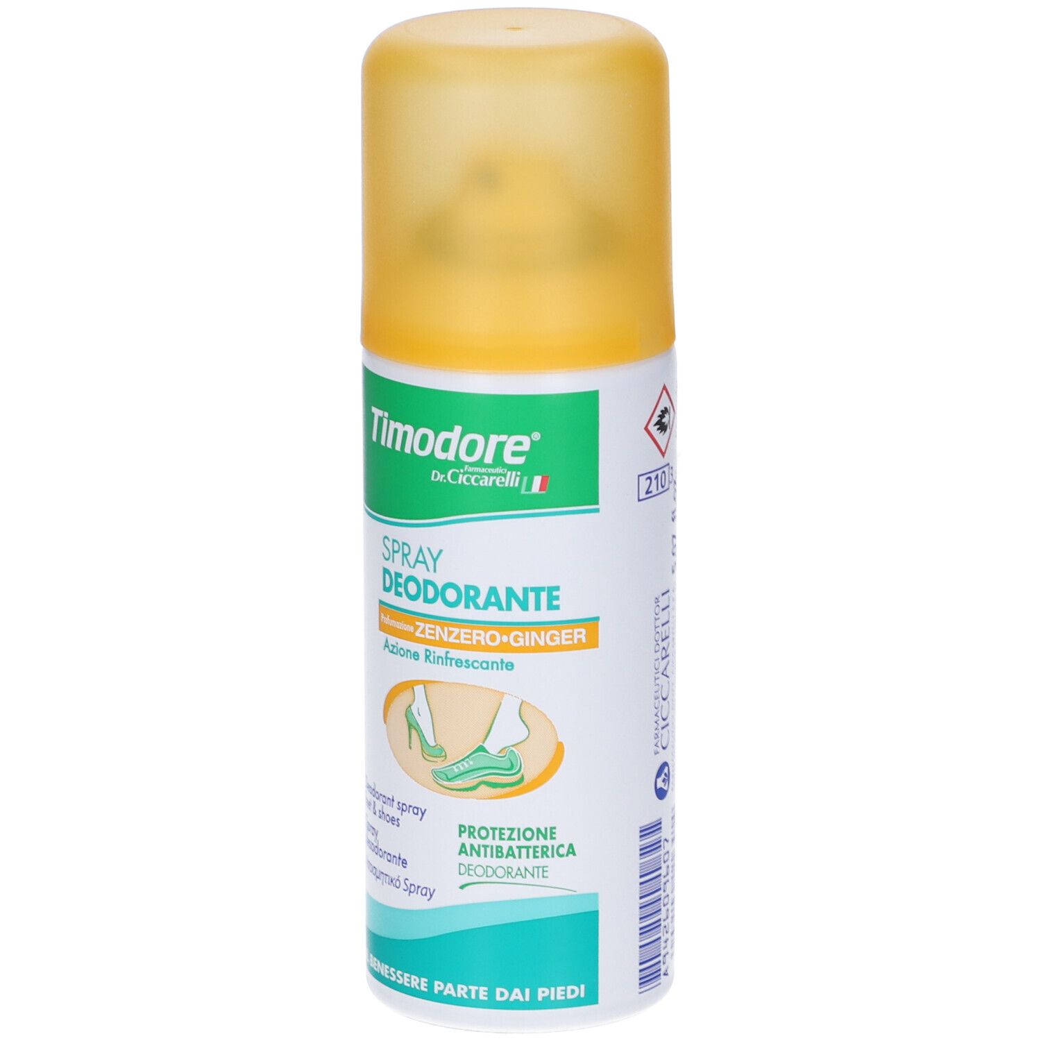 Deospray mit gelbem Deckel. Aufschrift: Timodore, Spray Deodorante Zenzero. Abbildung eines Fußes in einem Schuh. Gefahrensymbol.