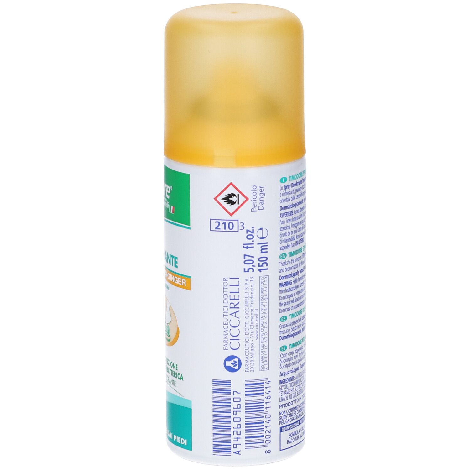 Rückseite einer Deospray-Dose. Text in mehreren Sprachen. Gelber Deckel. Gefahrensymbol. Aufschrift: Timodore.