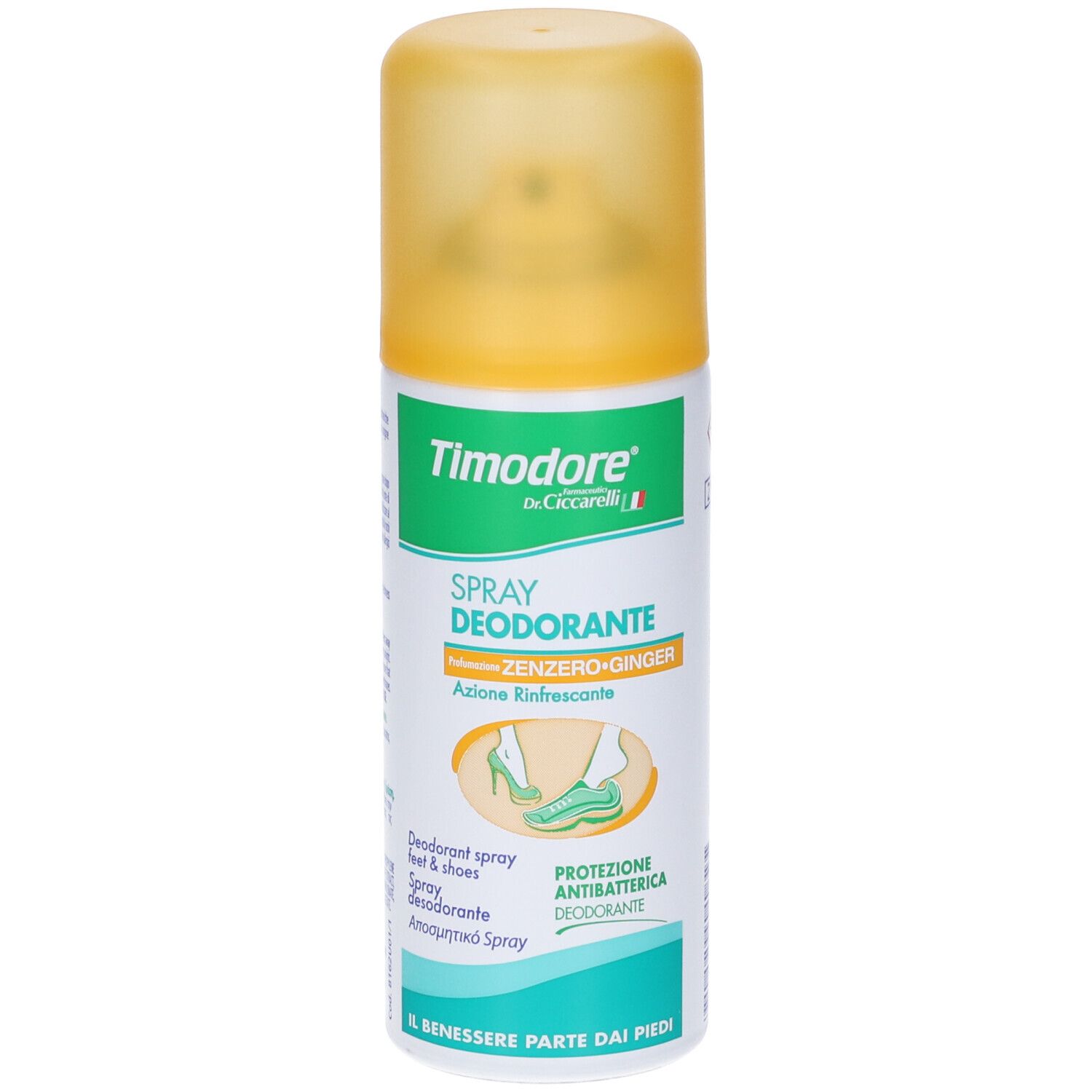 Deospray mit gelbem Deckel. Aufschrift: Timodore, Spray Deodorante Zenzero. Abbildung eines Fußes in einem Schuh.