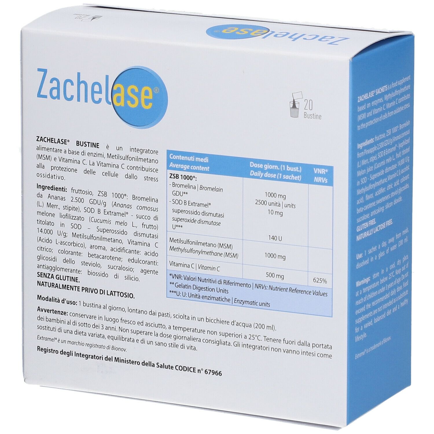 Scatola Zachelase con informazioni nutrizionali e logo. 20 bustine. Senza glutine, senza lattosio.