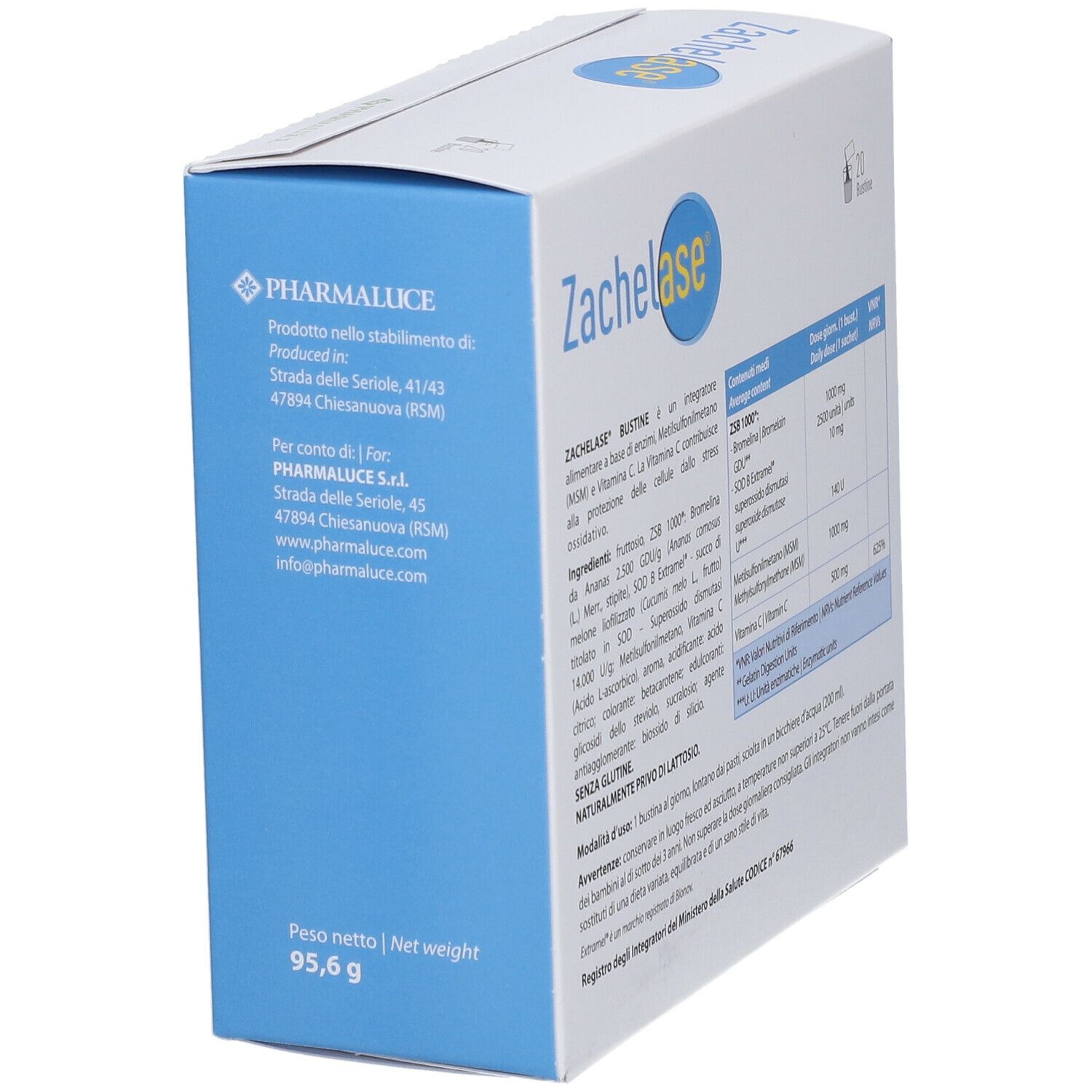 Scatola Zachelase con logo e informazioni produttore. Peso netto 95,6 g.