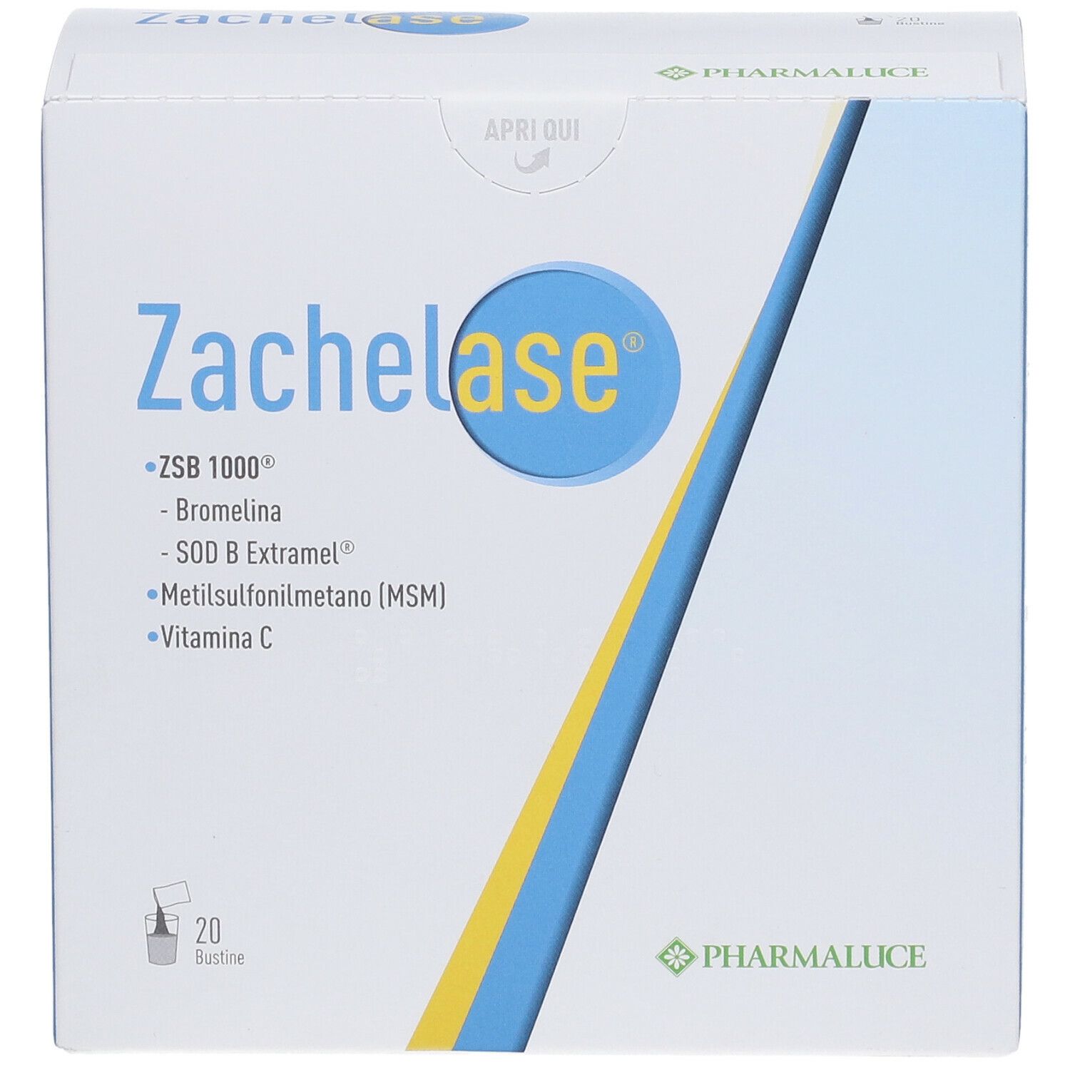 Scatola Zachelase con nome del prodotto, ingredienti e logo. 20 bustine sono raffigurate.