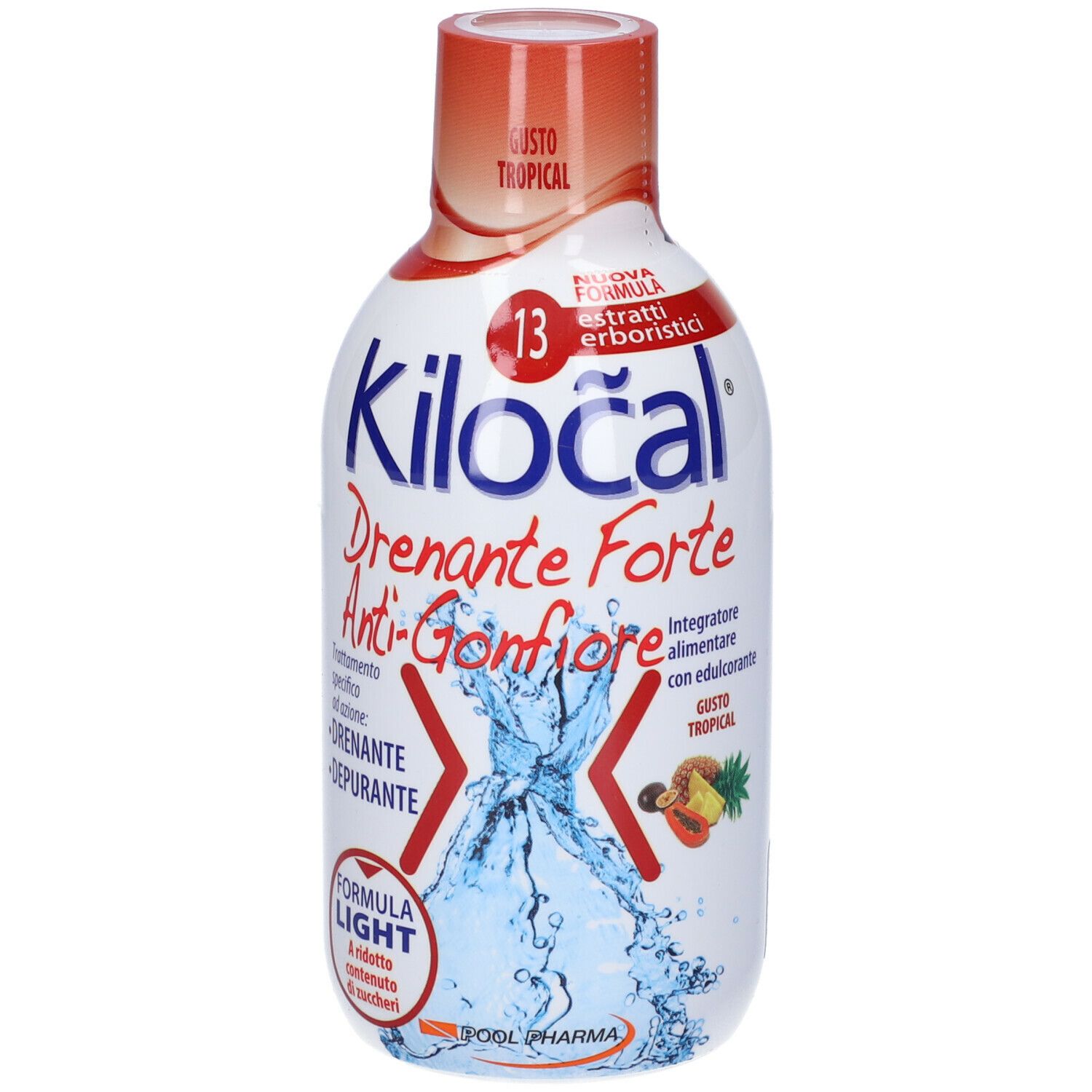 Bottiglia bianca e blu con tappo rosso. Scritta: Kilocal Drenante Forte Anti-Gonfiore. Gusto tropicale.
