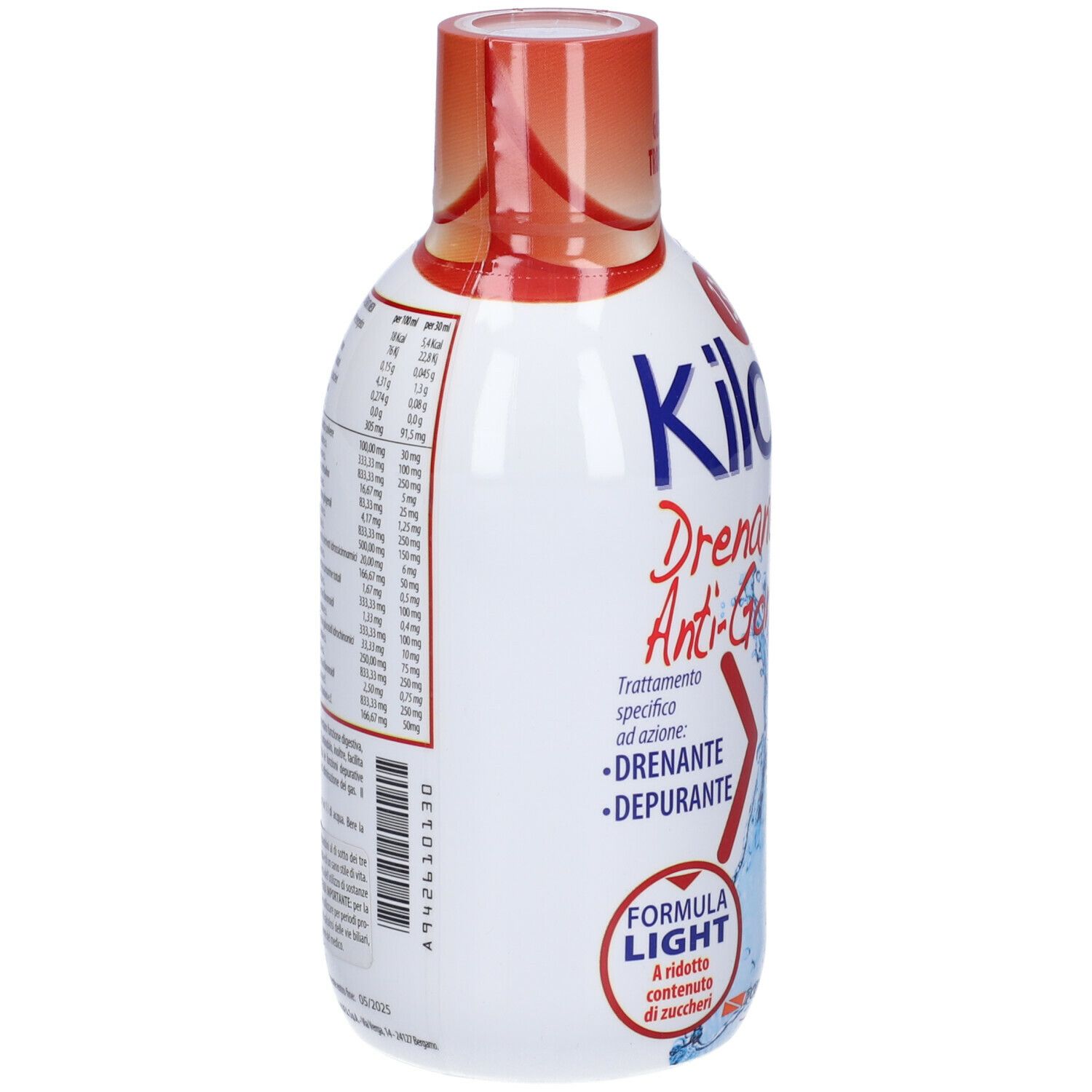 Bottiglia bianca con tappo rosso. Scritta: Kilocal Drenante Forte Anti-Gonfiore. Retro con informazioni nutrizionali.