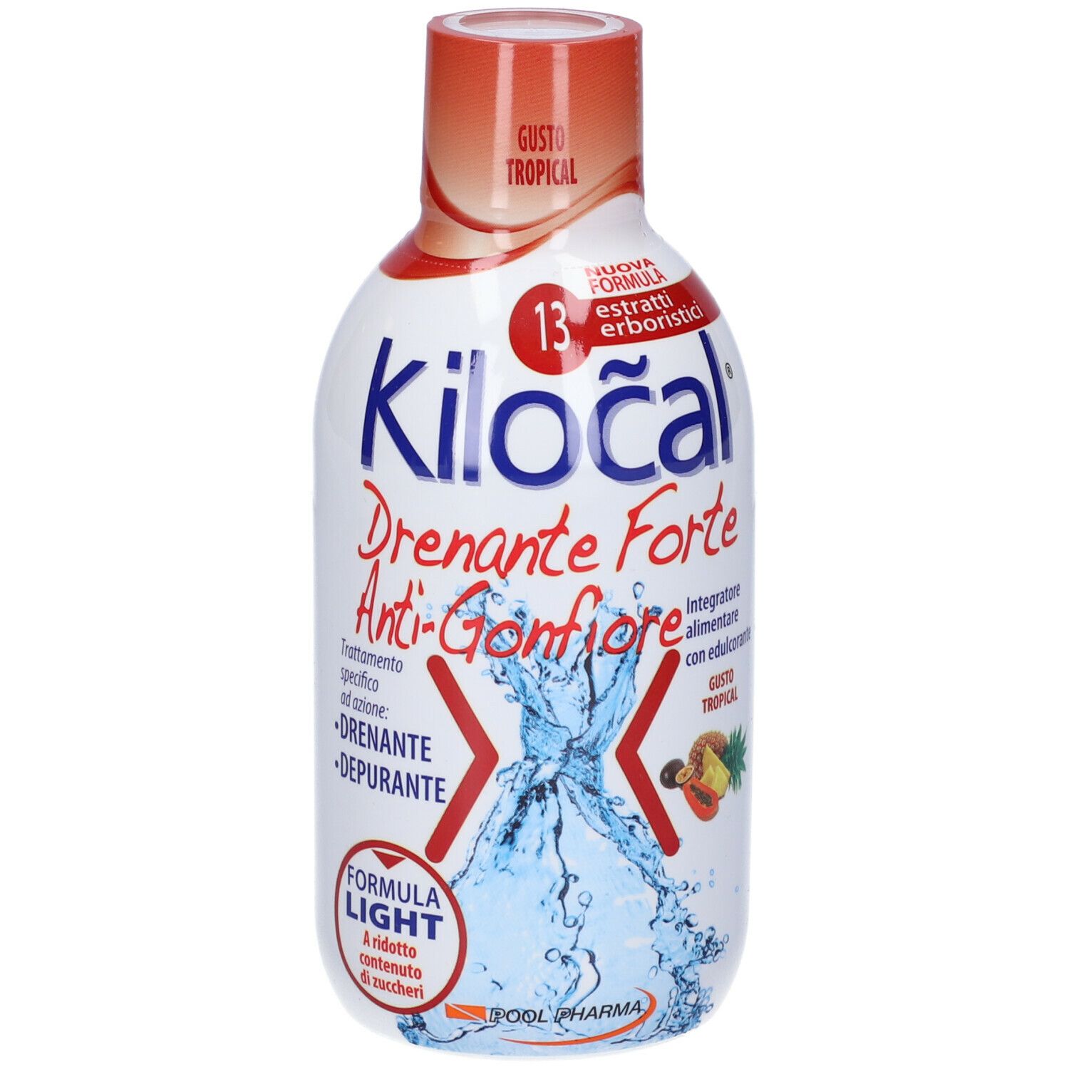 Bottiglia bianca e blu con tappo rosso. Scritta: Kilocal Drenante Forte Anti-Gonfiore. Gusto tropicale.
