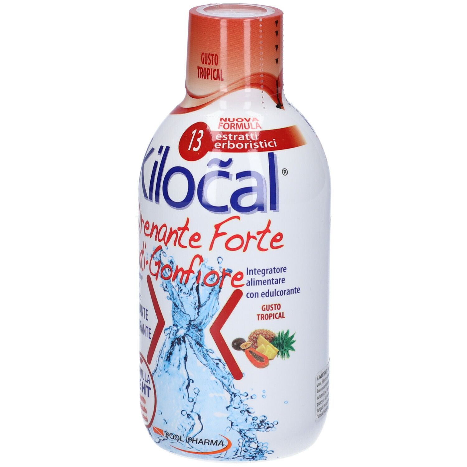 Bottiglia bianca e blu con tappo rosso. Scritta: Kilocal Drenante Forte Anti-Gonfiore. Gusto tropicale.