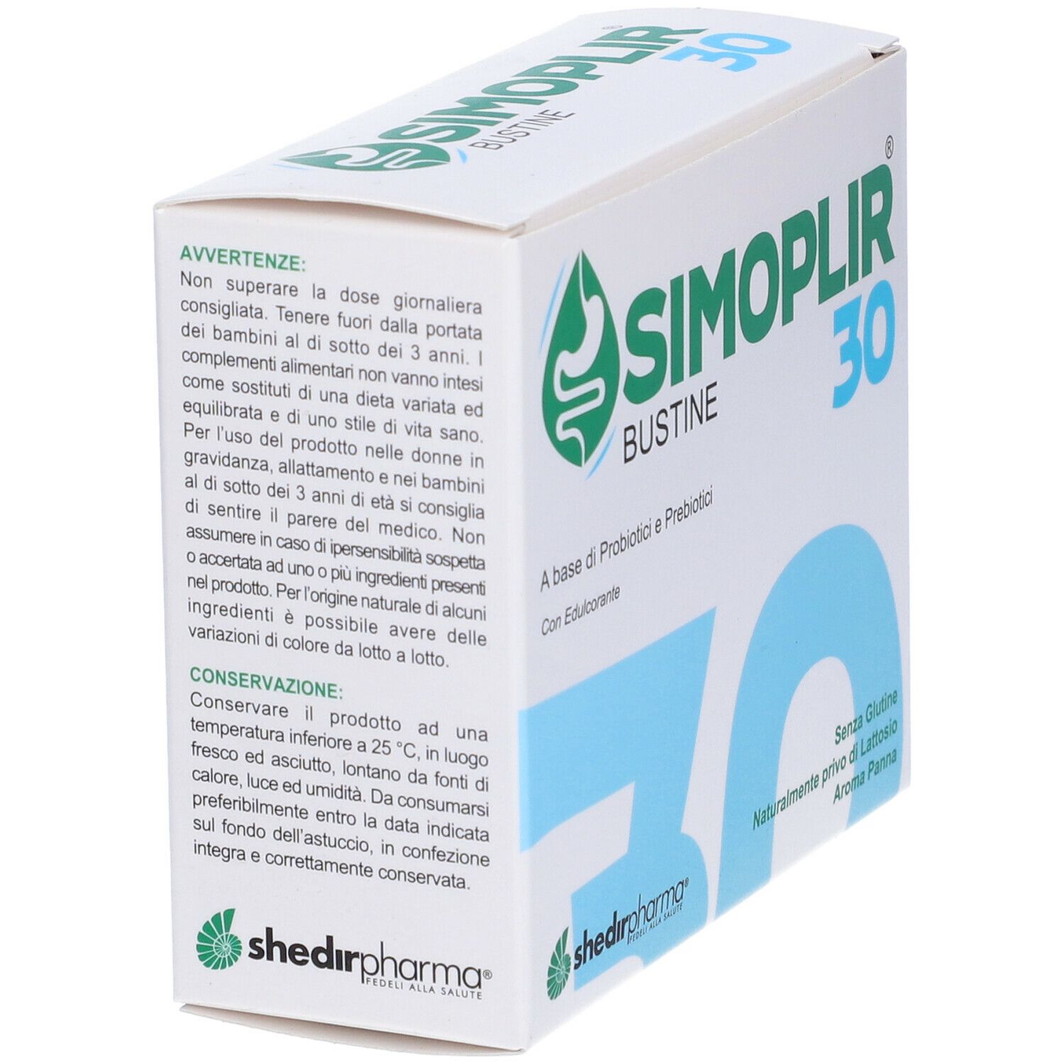 Scatola di SIMOPLIR 30 Bustine. Contiene: A base di Probiotici e Prebiotici. Con edulcorante. Senza glutine, senza lattosio.