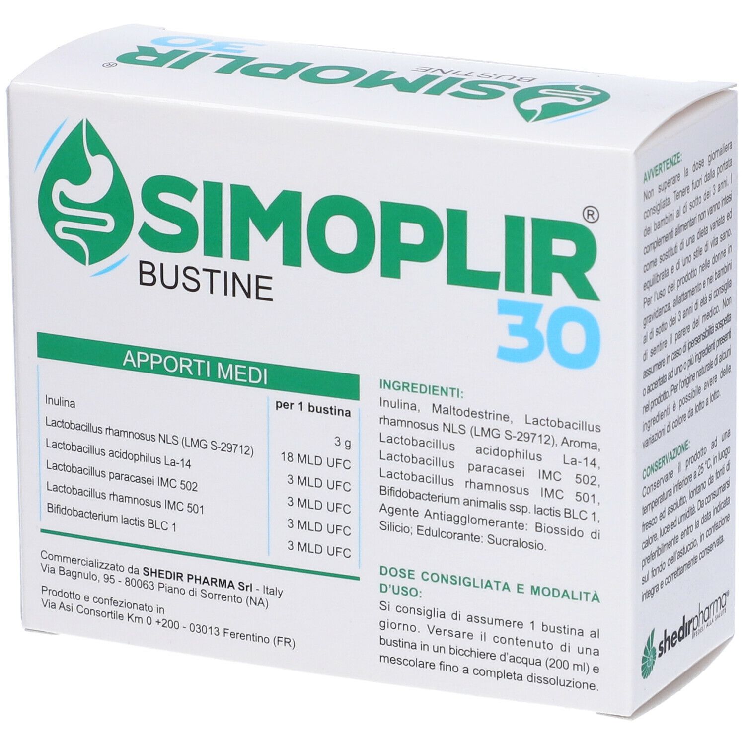 Scatola SIMOPLIR 30 Bustine. Contiene ingredienti e dosaggio. Scritto: A base di Probiotici e Prebiotici. Con edulcorante.
