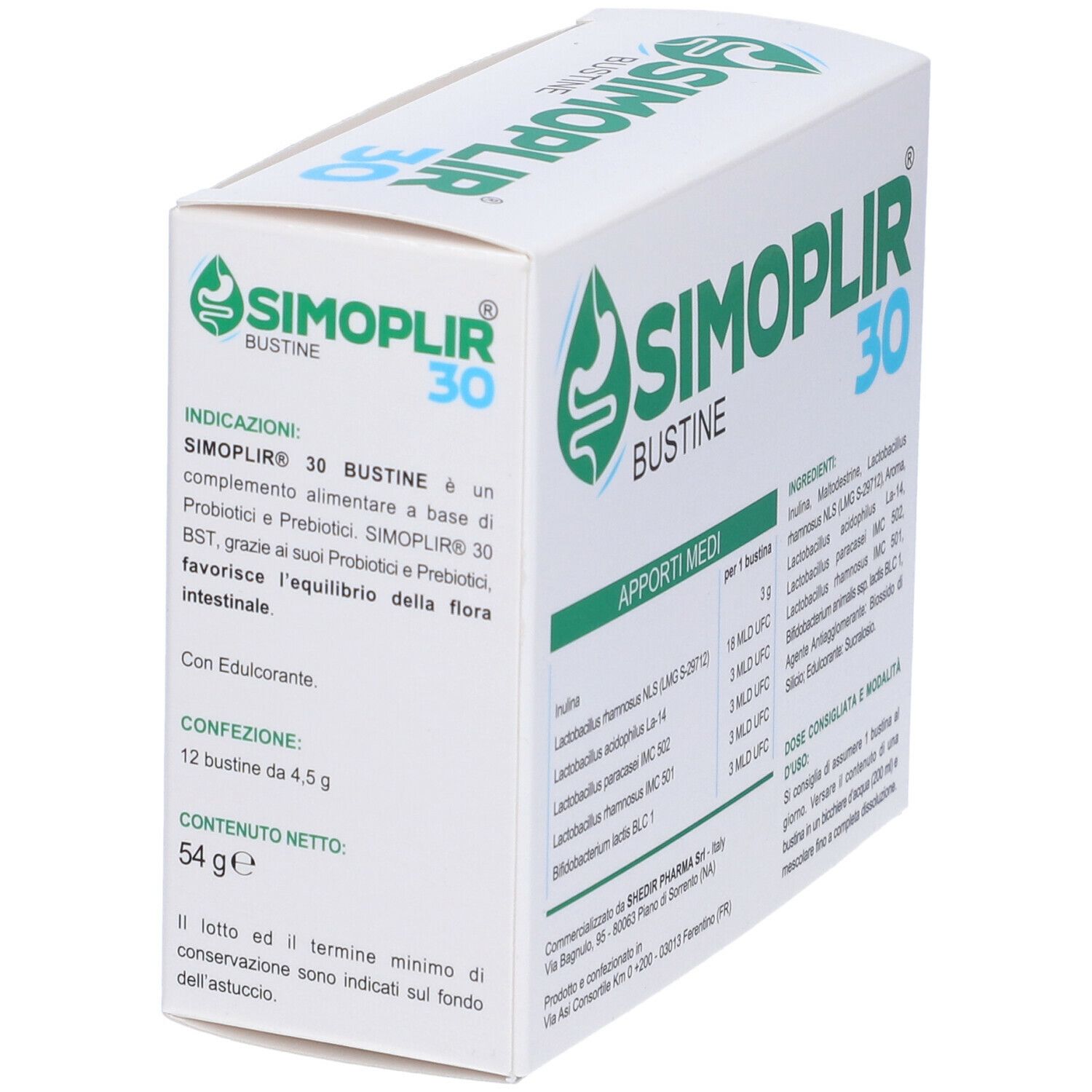 Scatola SIMOPLIR 30 Bustine. Contiene informazioni su ingredienti e dosaggio. Scritto: A base di Probiotici e Prebiotici.