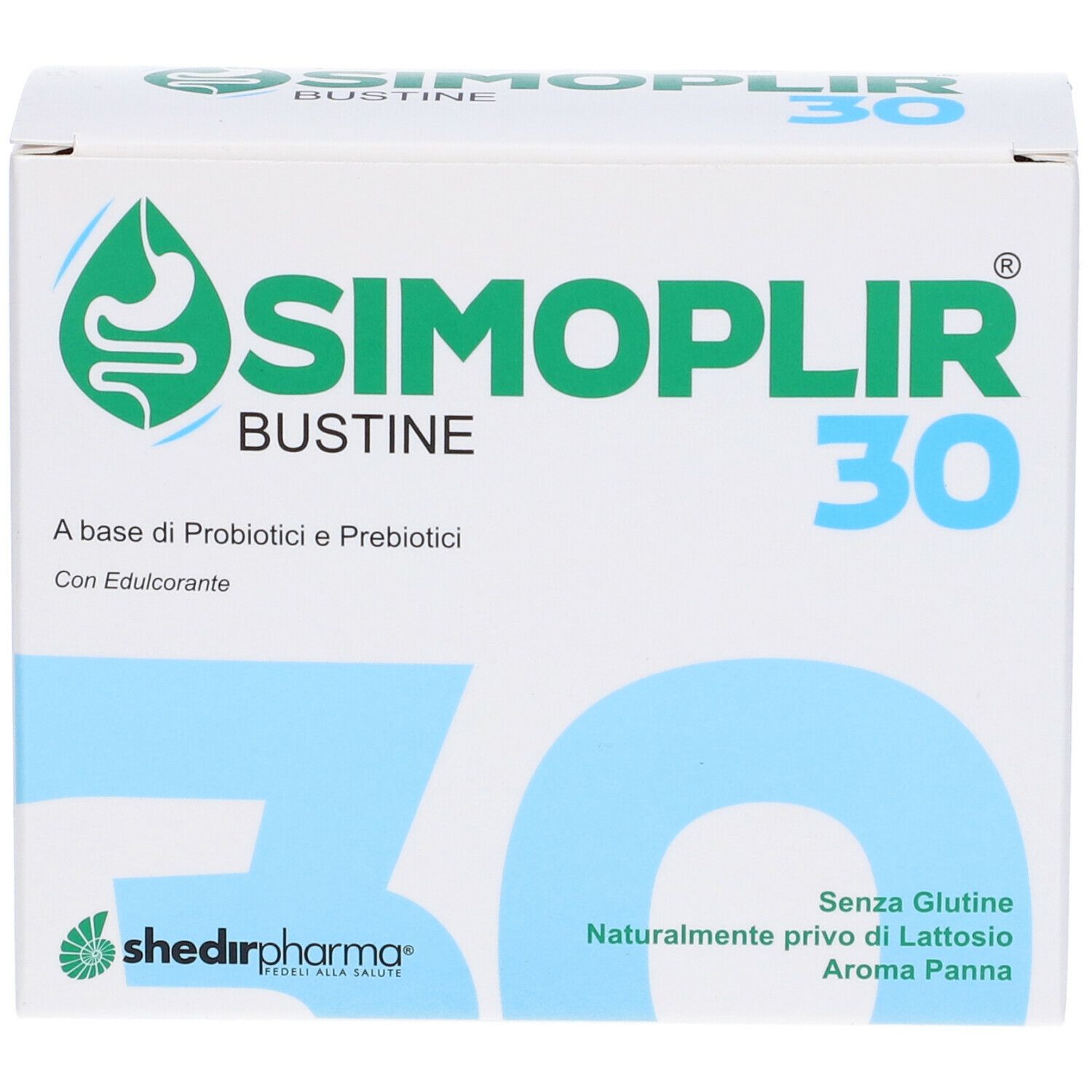 Scatola di SIMOPLIR 30 Bustine. Contiene: A base di Probiotici e Prebiotici. Con edulcorante. Senza glutine, senza lattosio.