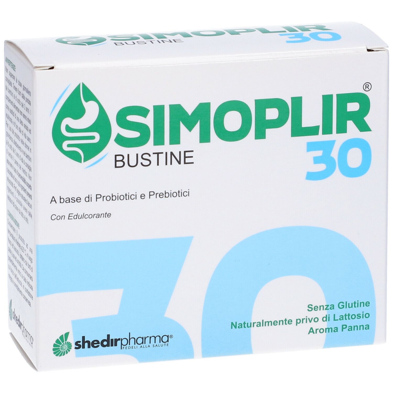 Scatola di SIMOPLIR 30 Bustine. Contiene: A base di Probiotici e Prebiotici. Con edulcorante. Senza glutine, senza lattosio.