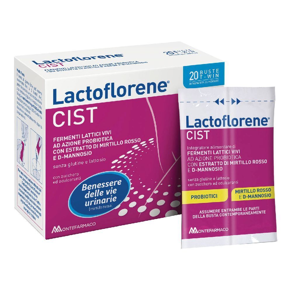 Confezione di Lactoflorene Cist con 20 bustine. Contiene fermenti lattici vivi, estratto di mirtillo rosso e D-mannosio.