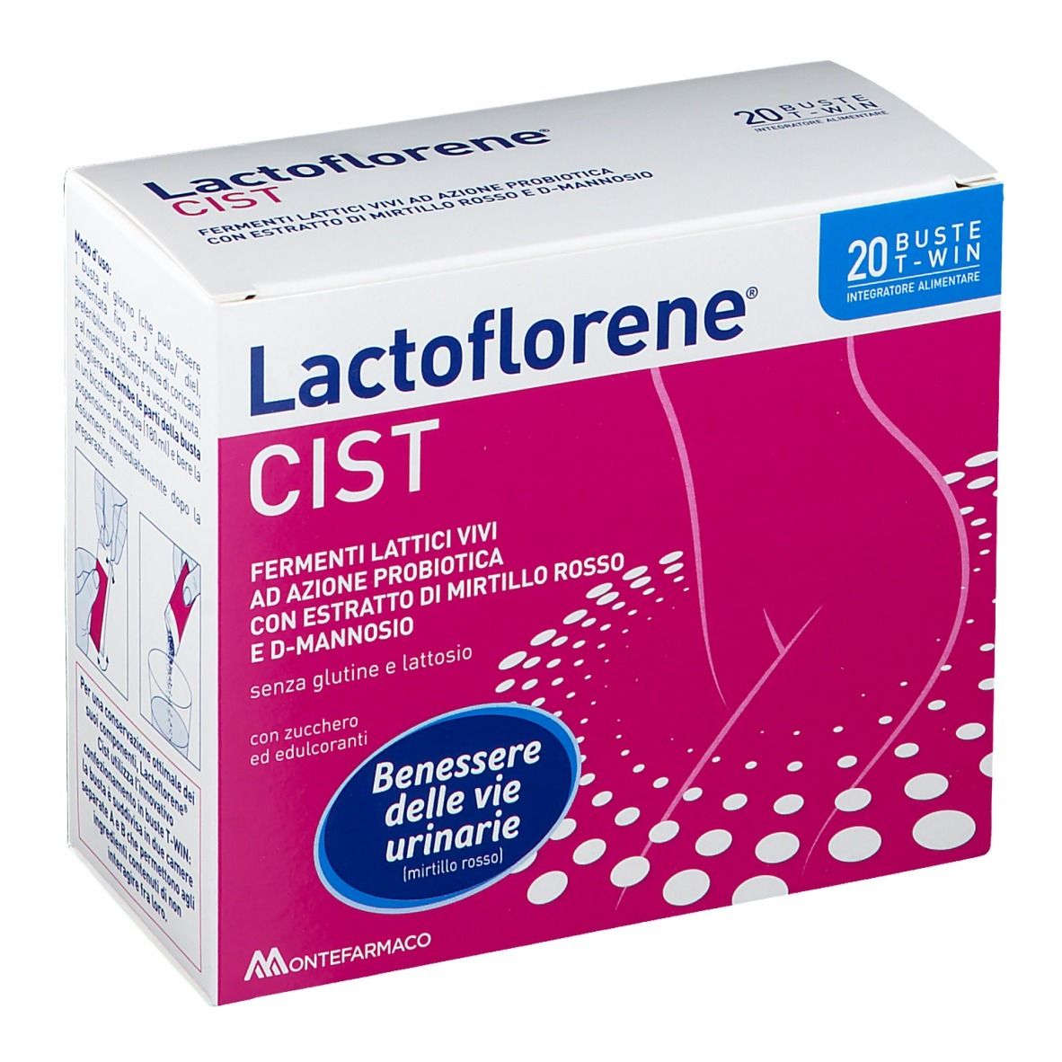 Confezione di Lactoflorene Cist con 20 bustine. Contiene fermenti lattici vivi, estratto di mirtillo rosso e D-mannosio.