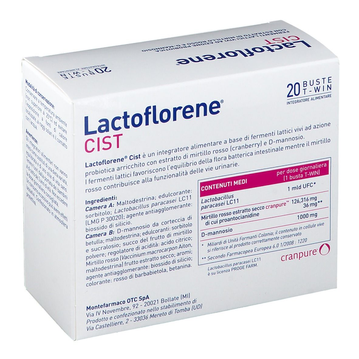 Confezione di Lactoflorene Cist con 20 bustine. Contiene fermenti lattici vivi, estratto di mirtillo rosso e D-mannosio.