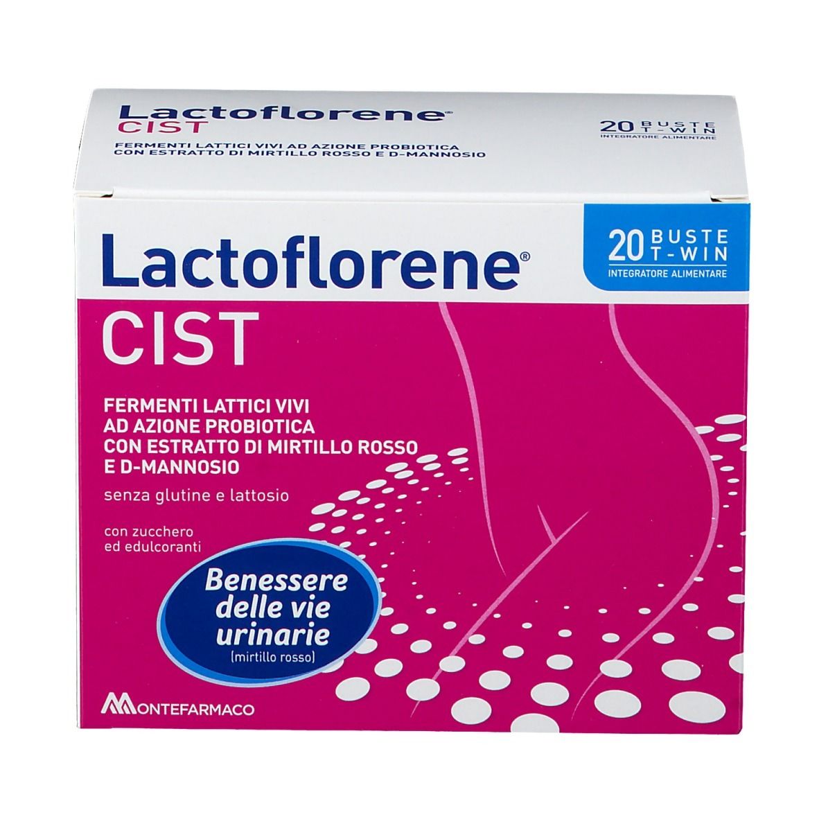 Confezione di Lactoflorene Cist con 20 bustine. Contiene fermenti lattici vivi, estratto di mirtillo rosso e D-mannosio.