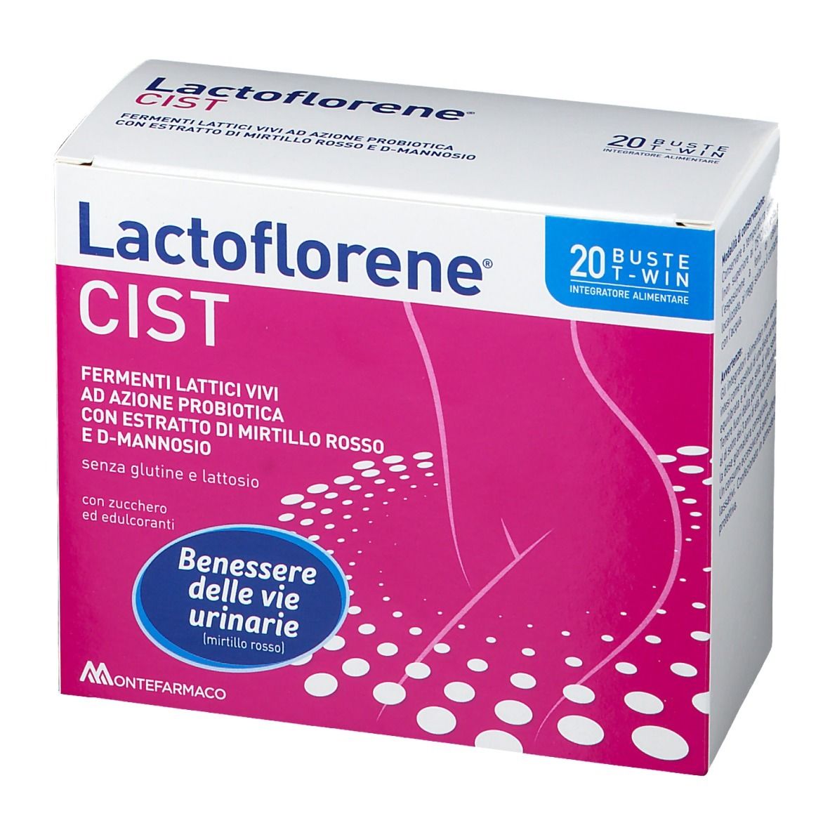 Confezione di Lactoflorene Cist con 20 bustine. Contiene fermenti lattici vivi, estratto di mirtillo rosso e D-mannosio.