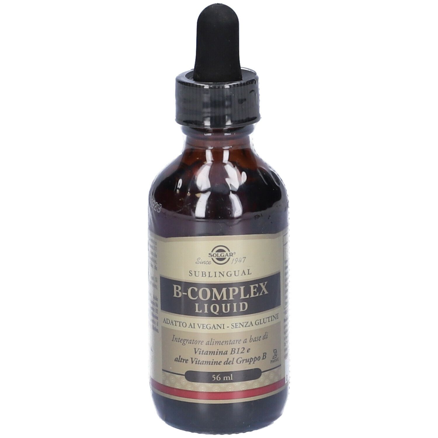 Flacon en verre brun avec bouchon noir et pipette. Inscription : B-Complex Liquid. Végétalien, sans gluten.