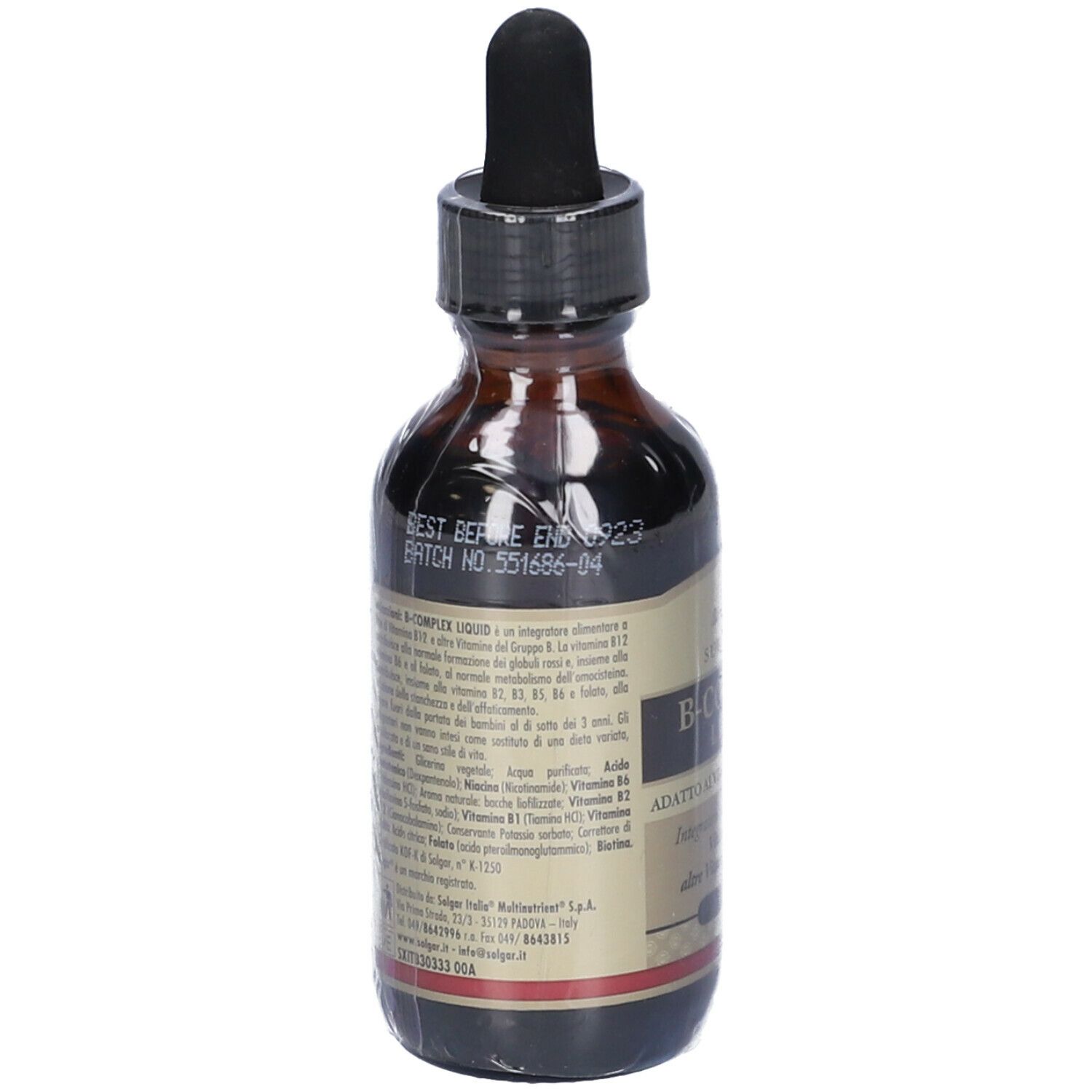 Flacon en verre brun avec bouchon noir et pipette. Inscription : B-Complex Liquid. Végétalien, sans gluten.