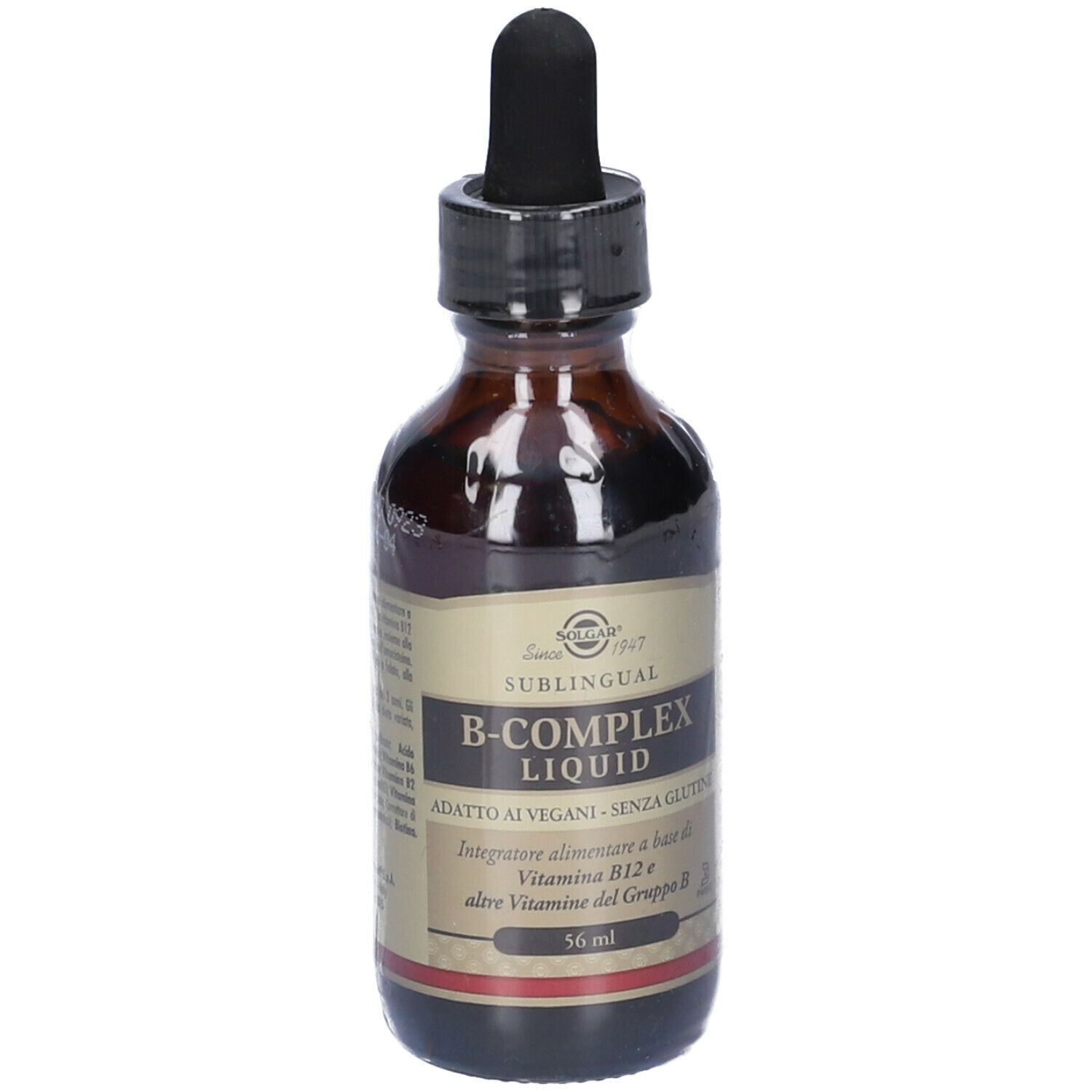 Flacon en verre brun avec bouchon noir et pipette. Inscription : B-Complex Liquid. Végétalien, sans gluten.