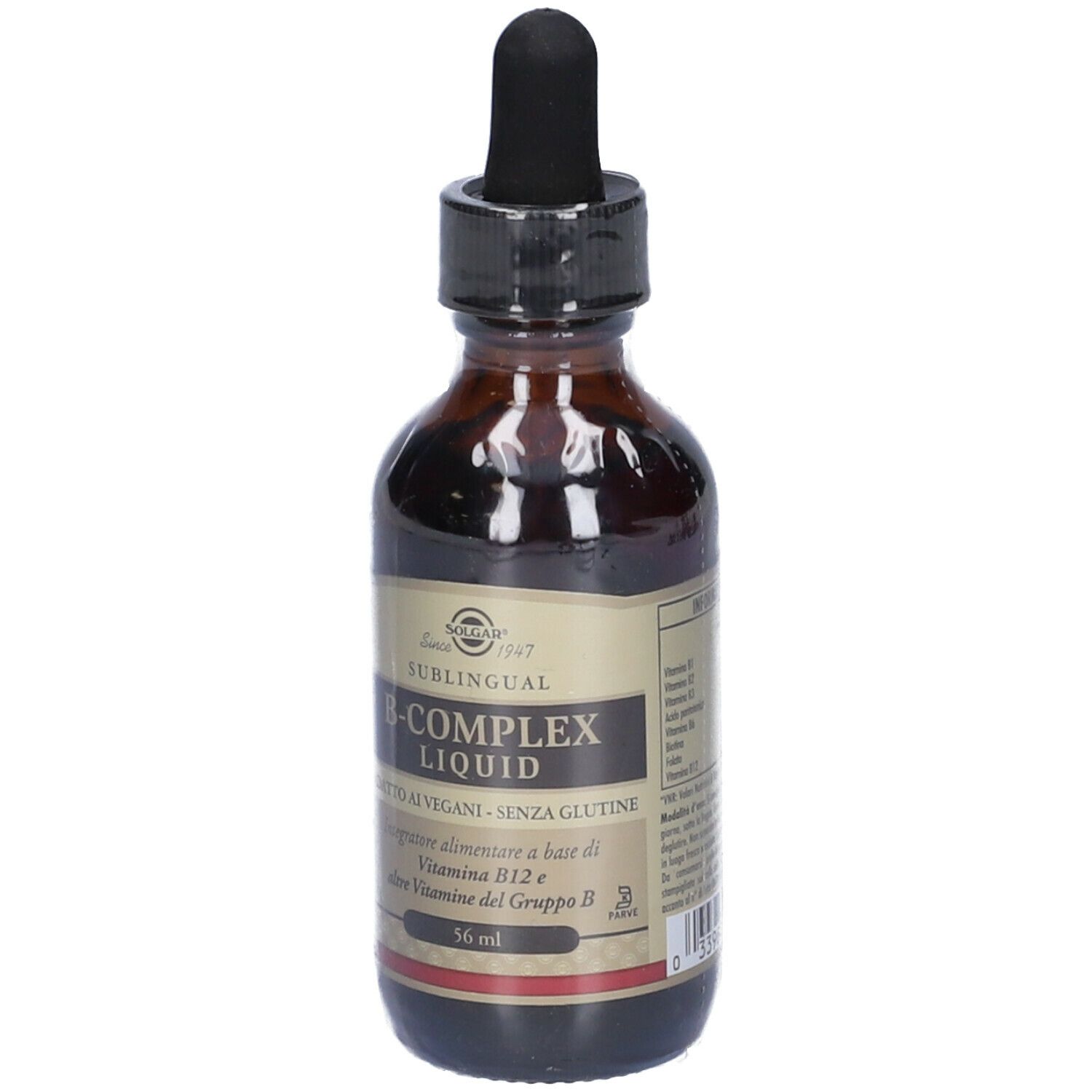 Flacon en verre brun avec bouchon noir et pipette. Inscription : B-Complex Liquid. Végétalien, sans gluten.