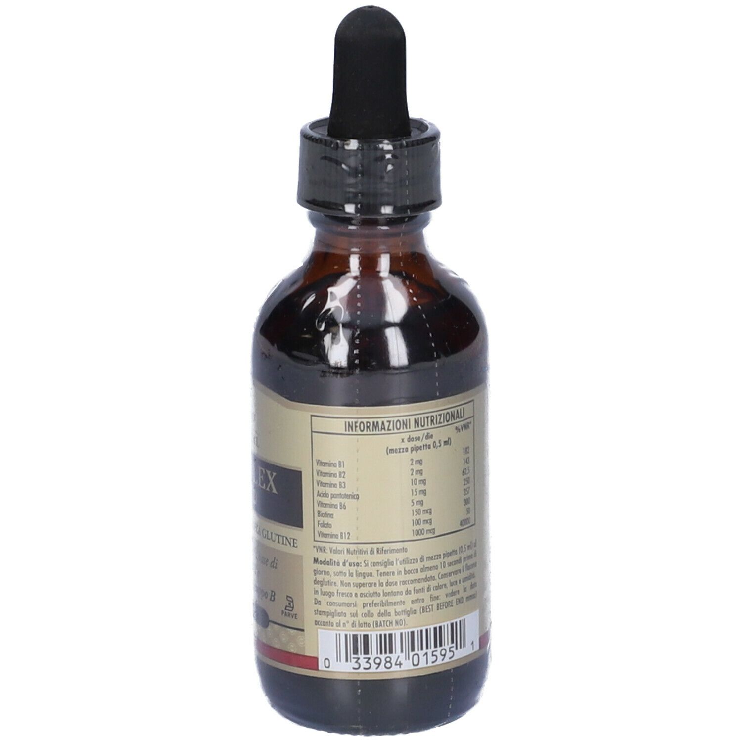 Flacon en verre brun avec bouchon noir et pipette. Informations nutritionnelles au dos. Végétalien, sans gluten.