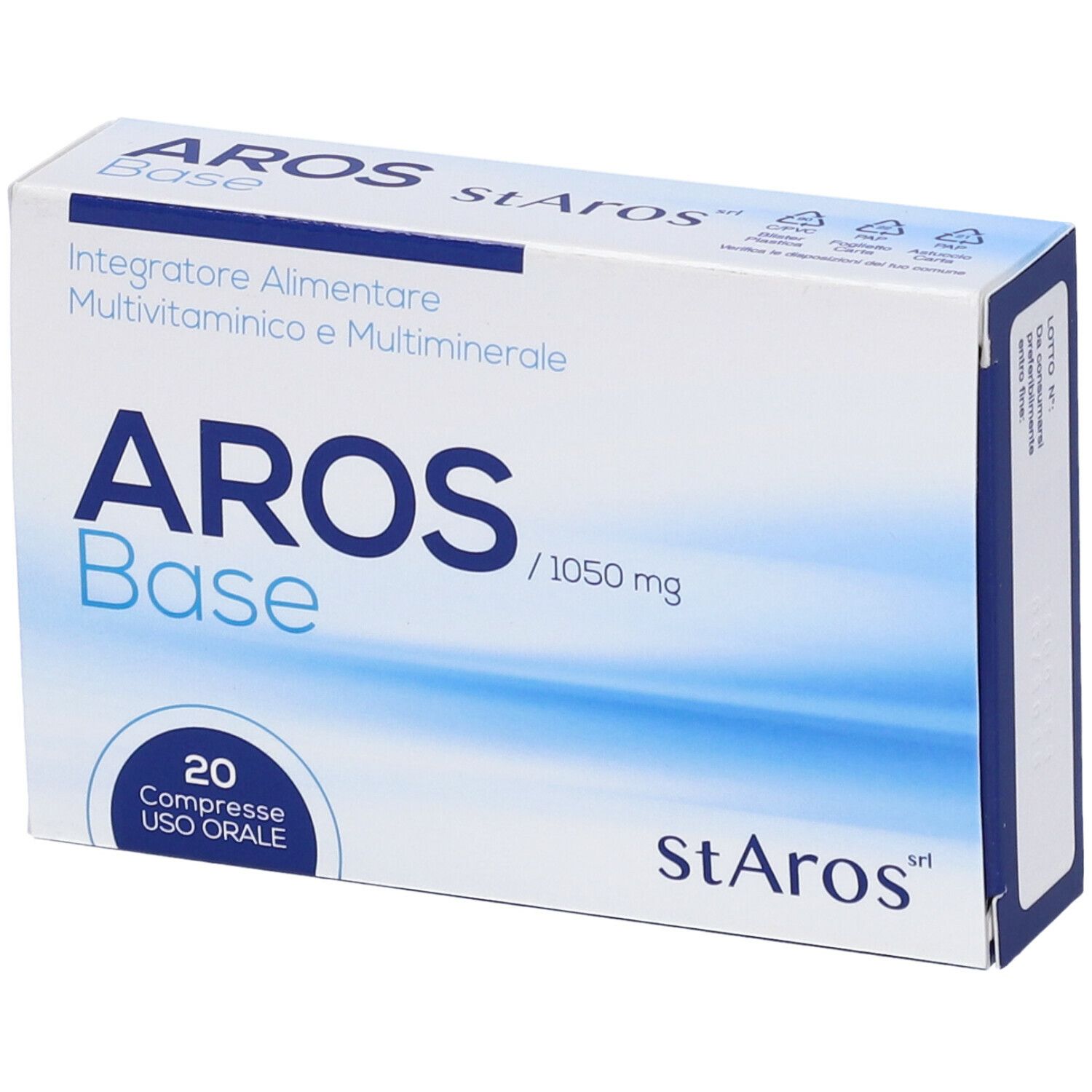 Scatola bianca con testo blu. Scritto: Aros Base, 20 Compresse Uso Orale, 1050 mg. Marchio: stArOs.