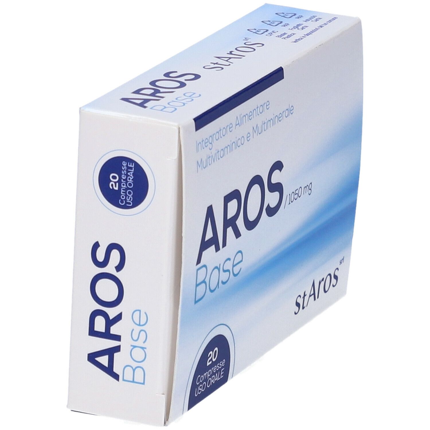 Scatola bianca con testo blu. Scritto: Aros Base, 20 Compresse Uso Orale, 1050 mg. Marchio: stArOs.