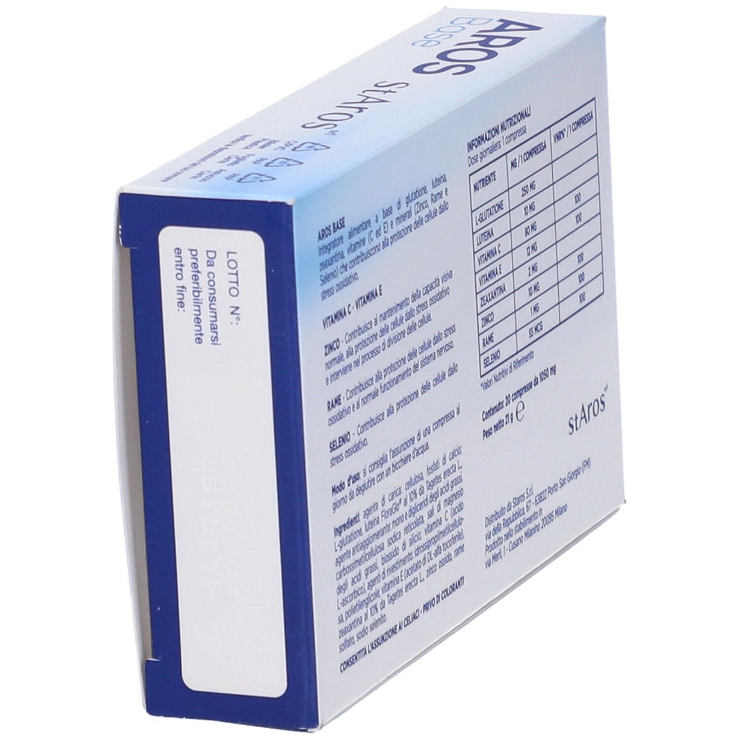 Retro della scatola bianca con testo blu. Scritto: Aros Base, informazioni nutrizionali, ingredienti. Marchio: stArOs.