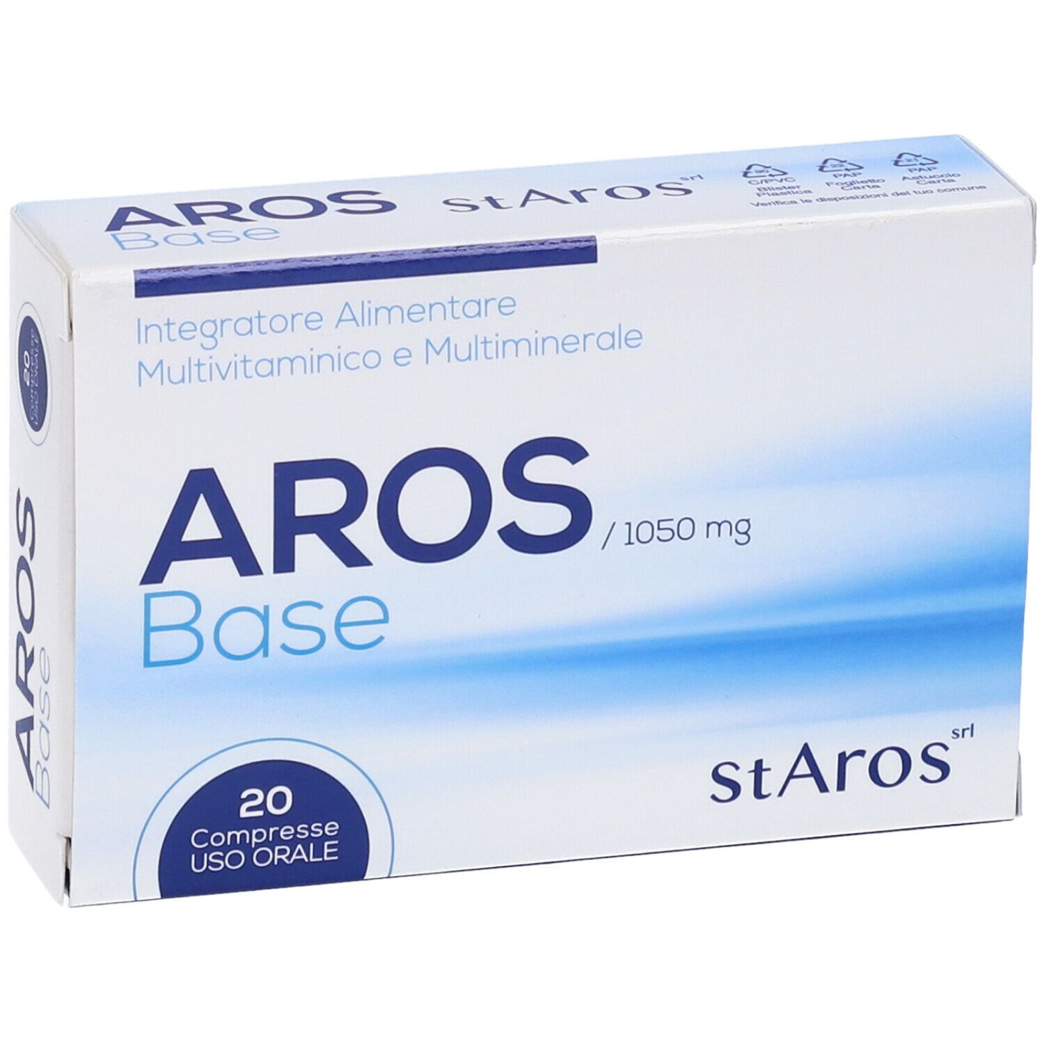 Scatola bianca con testo blu. Scritto: Aros Base, 20 Compresse Uso Orale, 1050 mg. Marchio: stArOs.