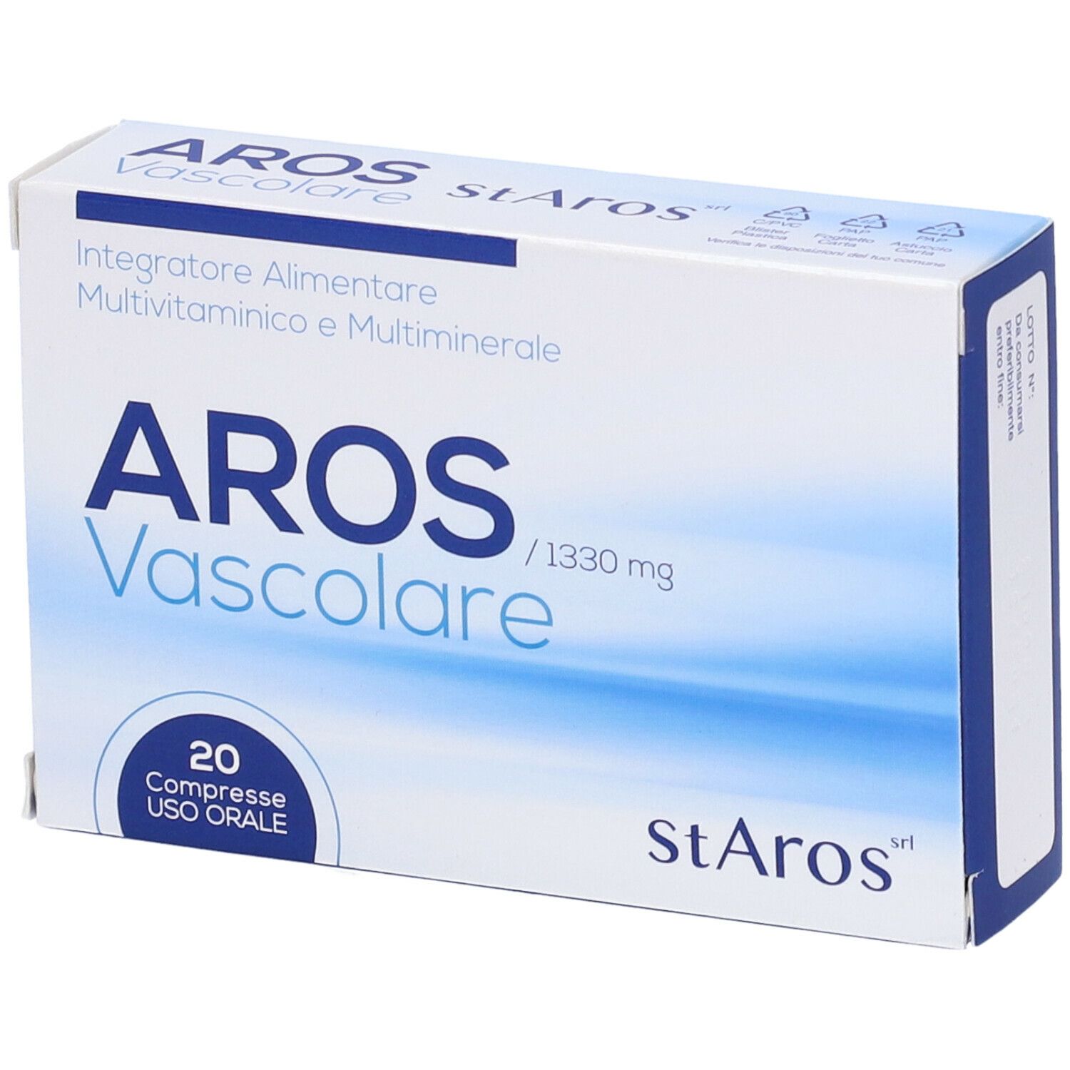 Scatola con motivo a onde blu. Contiene 20 compresse. Scritto: AROS Vascolare, StArOs.