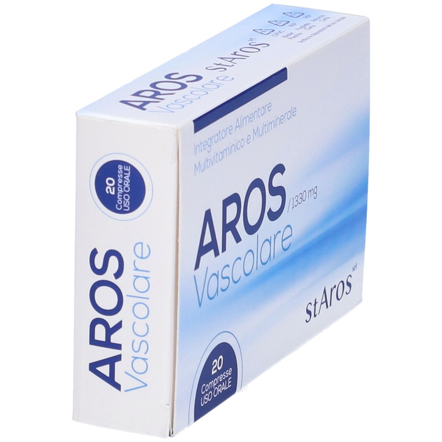 Scatola con testo blu e 20 compresse. Scritto: AROS Vascolare, StArOs.