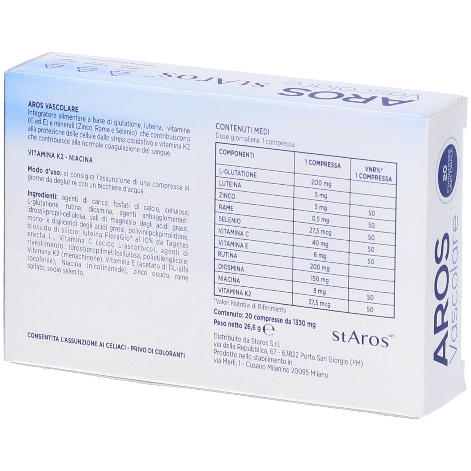 Retro della scatola con informazioni e ingredienti. Scritto: AROS Vascolare, StArOs.
