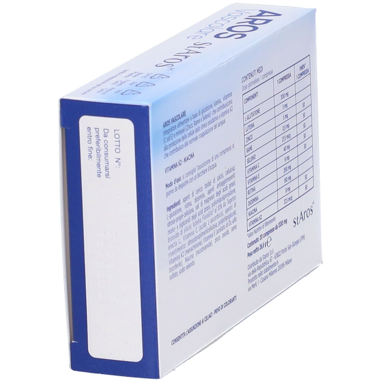 Scatola con testo blu e informazioni. Scritto: AROS Vascolare, StArOs.