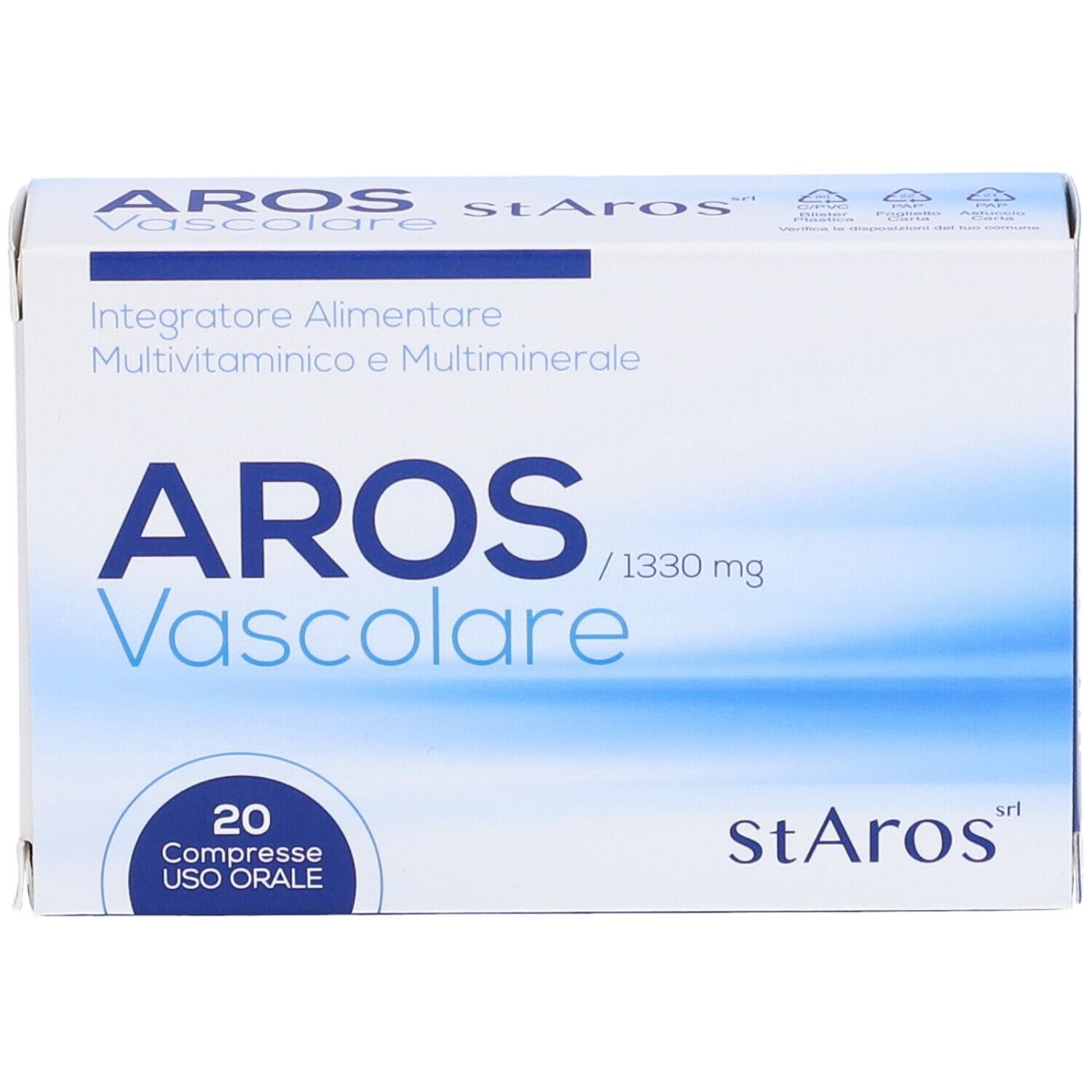 Scatola con testo blu. Contiene 20 compresse. Scritto: AROS Vascolare, StArOs.