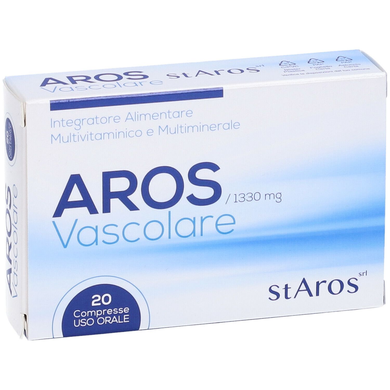 Scatola con testo blu. Contiene 20 compresse. Scritto: AROS Vascolare, StArOs.