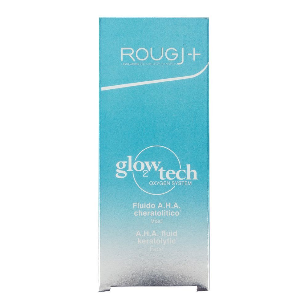 Flacone ROUGJ+ Glowtech A.H.A. in confezione. Confezione blu con nome e testo del prodotto.