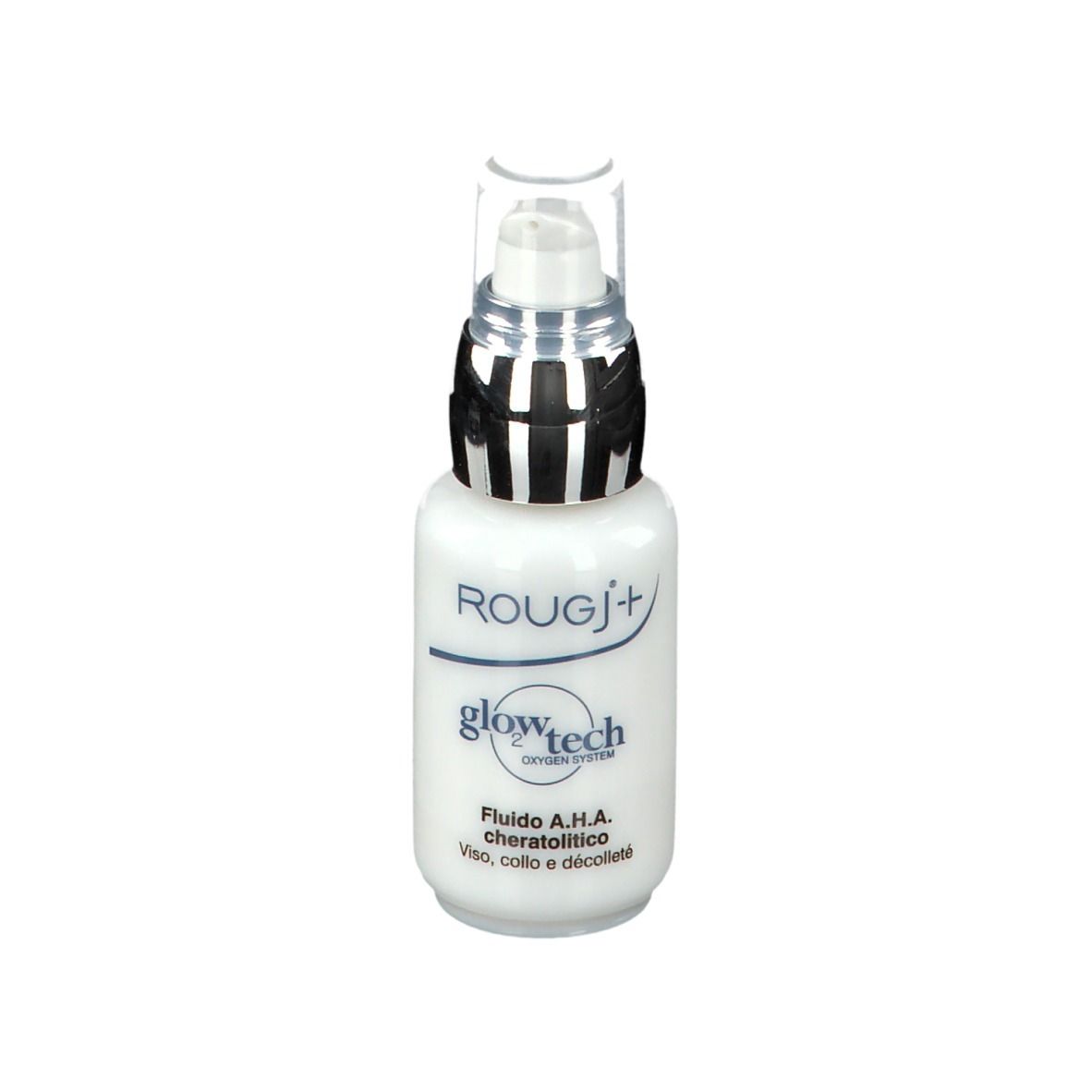 Flacone ROUGJ+ Glowtech A.H.A. con dosatore a pompa. Flacone bianco con nome e testo.