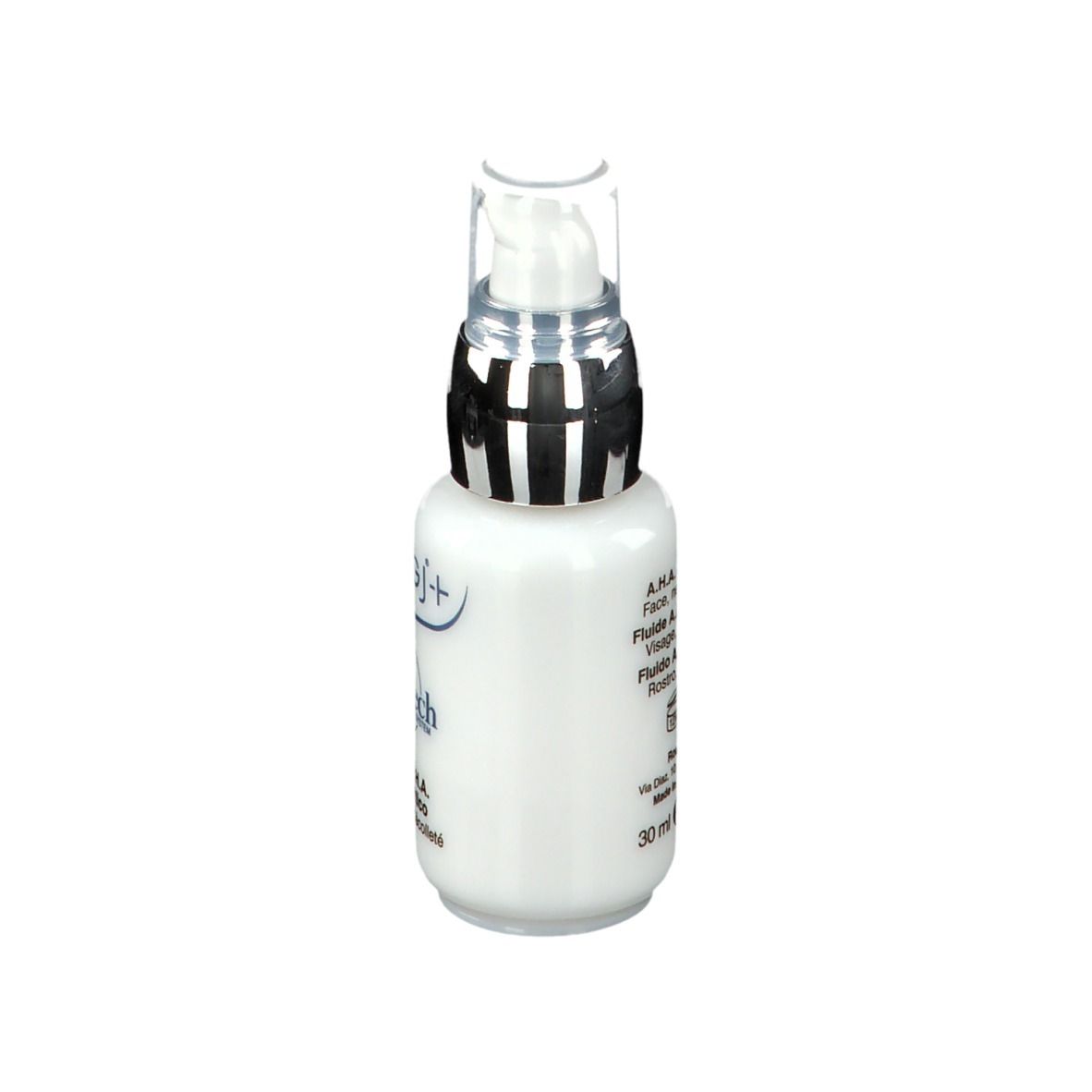 Flacone ROUGJ+ Glowtech A.H.A., vista laterale. Flacone bianco con nome e testo.