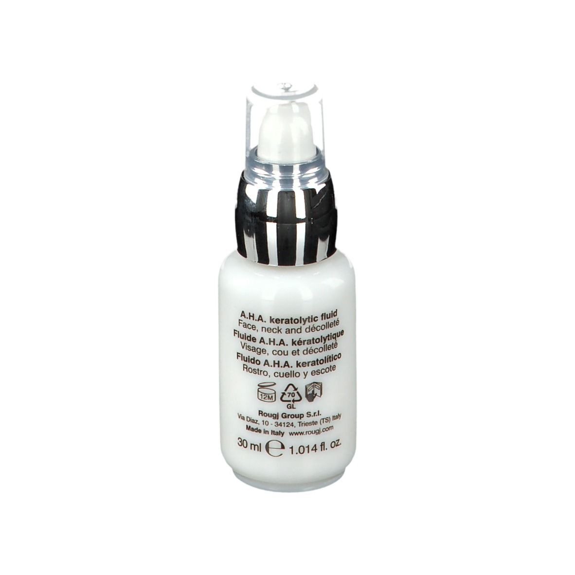 Flacone ROUGJ+ Glowtech A.H.A., retro. Flacone bianco con informazioni e testo.