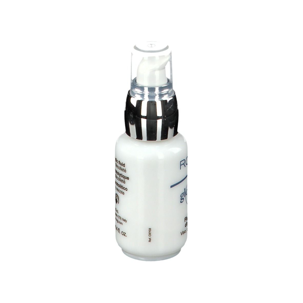Flacone ROUGJ+ Glowtech A.H.A., vista laterale. Flacone bianco con nome e testo.
