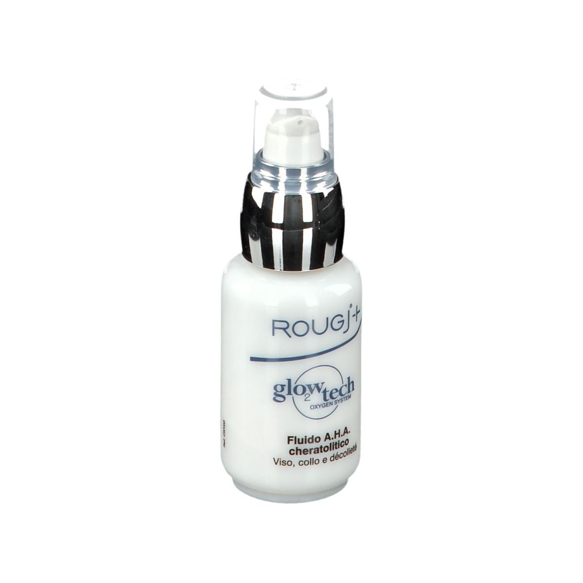 Flacone ROUGJ+ Glowtech A.H.A. Flacone bianco con nome e testo.