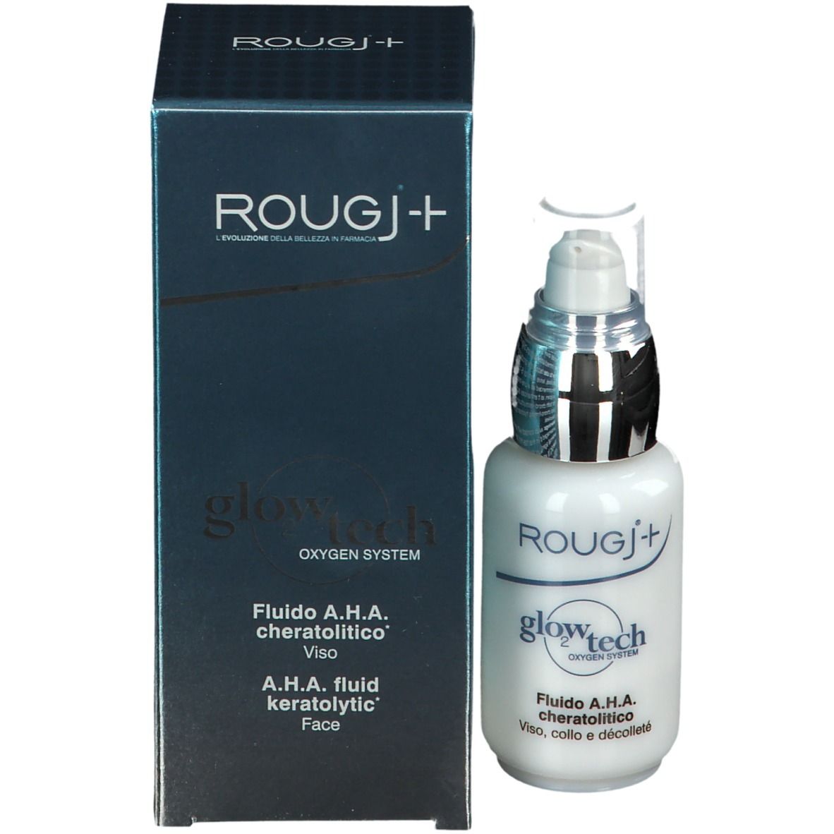 Flacone ROUGJ+ Glowtech A.H.A. e confezione. Confezione blu e flacone bianco.