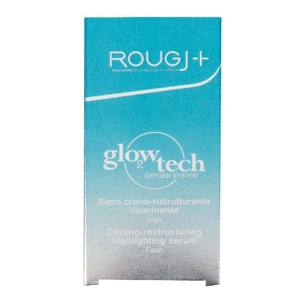 Confezione turchese. Scritta ROUGJ+ e glow2tech. Denominazione prodotto: Siero crono-ristrutturante illuminante.