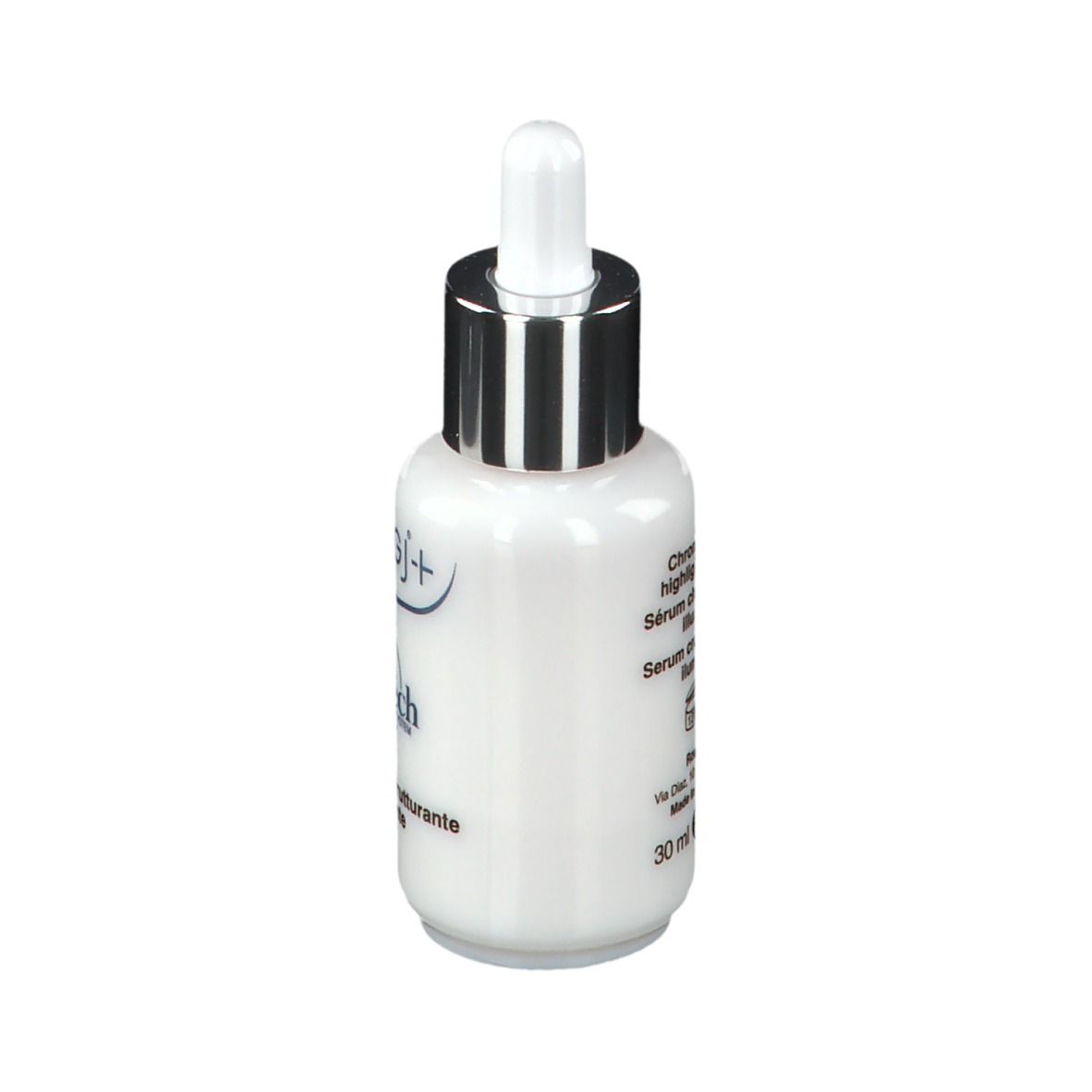 Flacone bianco con tappo argento e pipetta. Denominazione prodotto e informazioni sul contenuto. Volume: 30 ml.