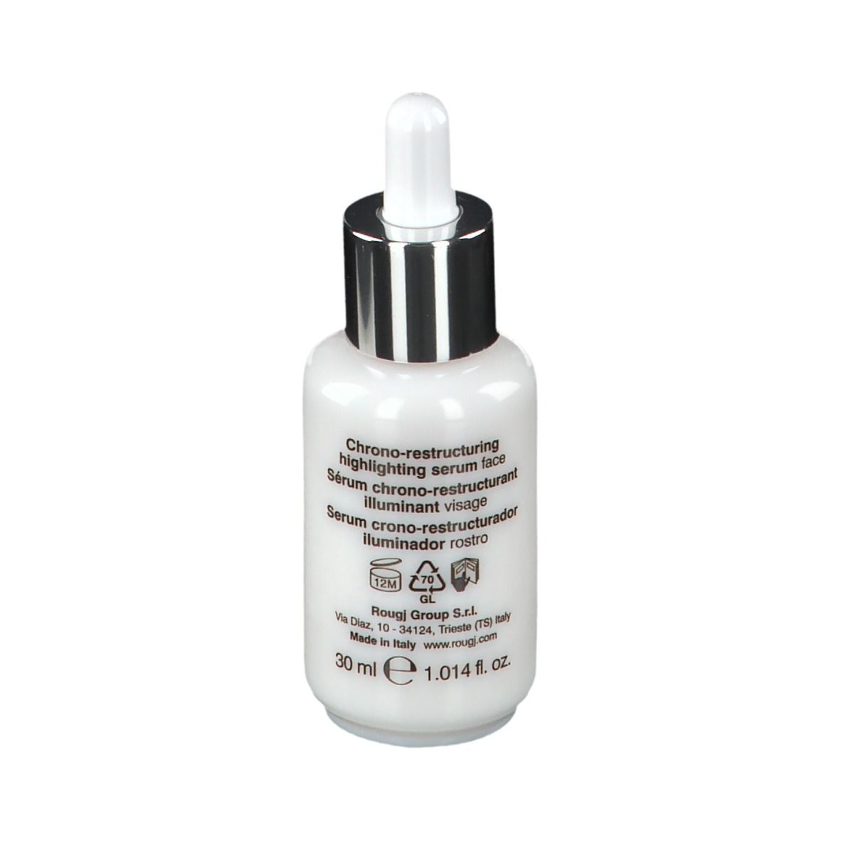 Flacone bianco con tappo argento e pipetta. Denominazione prodotto e informazioni sul contenuto. Volume: 30 ml.