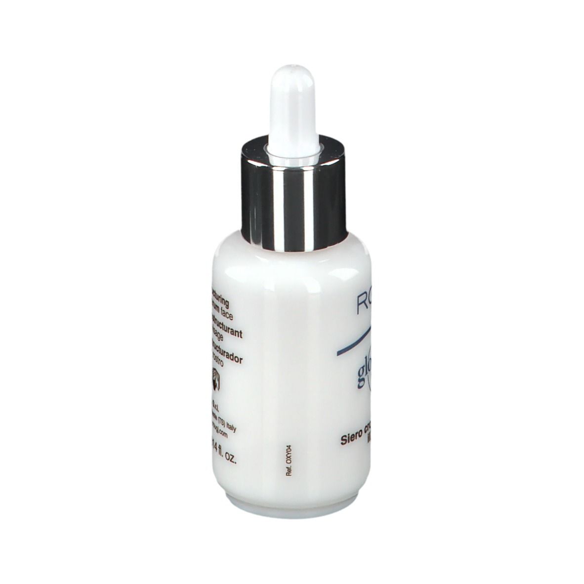 Flacone bianco con tappo argento e pipetta. Denominazione prodotto e informazioni sul contenuto. Volume: 30 ml.