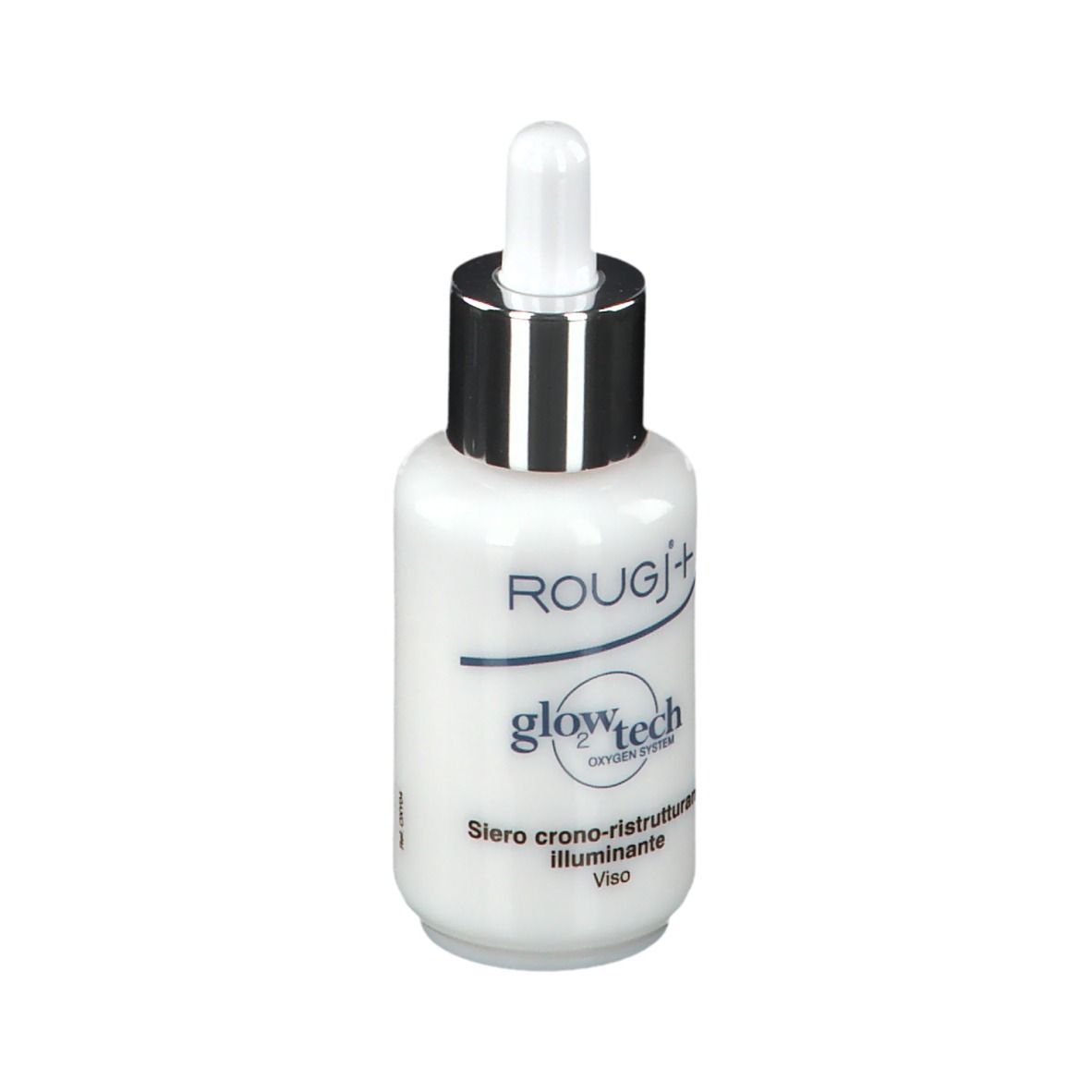 Flacone bianco con tappo argento e pipetta. Denominazione prodotto e informazioni sul contenuto. Volume: 30 ml.