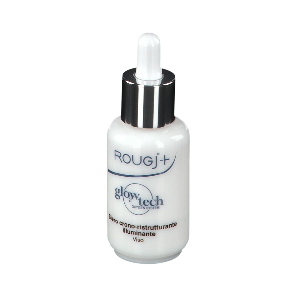 Flacone bianco con tappo argento e pipetta. Denominazione prodotto e informazioni sul contenuto. Volume: 30 ml.