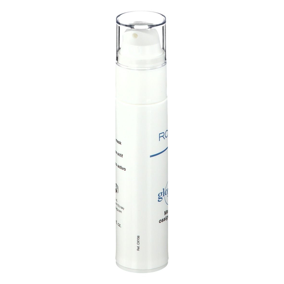 Weiße Flasche mit Pumpe. ROUGJ+ und glowtech-Schriftzug. Aufschrift: Maschera ossigeno attivo Viso.