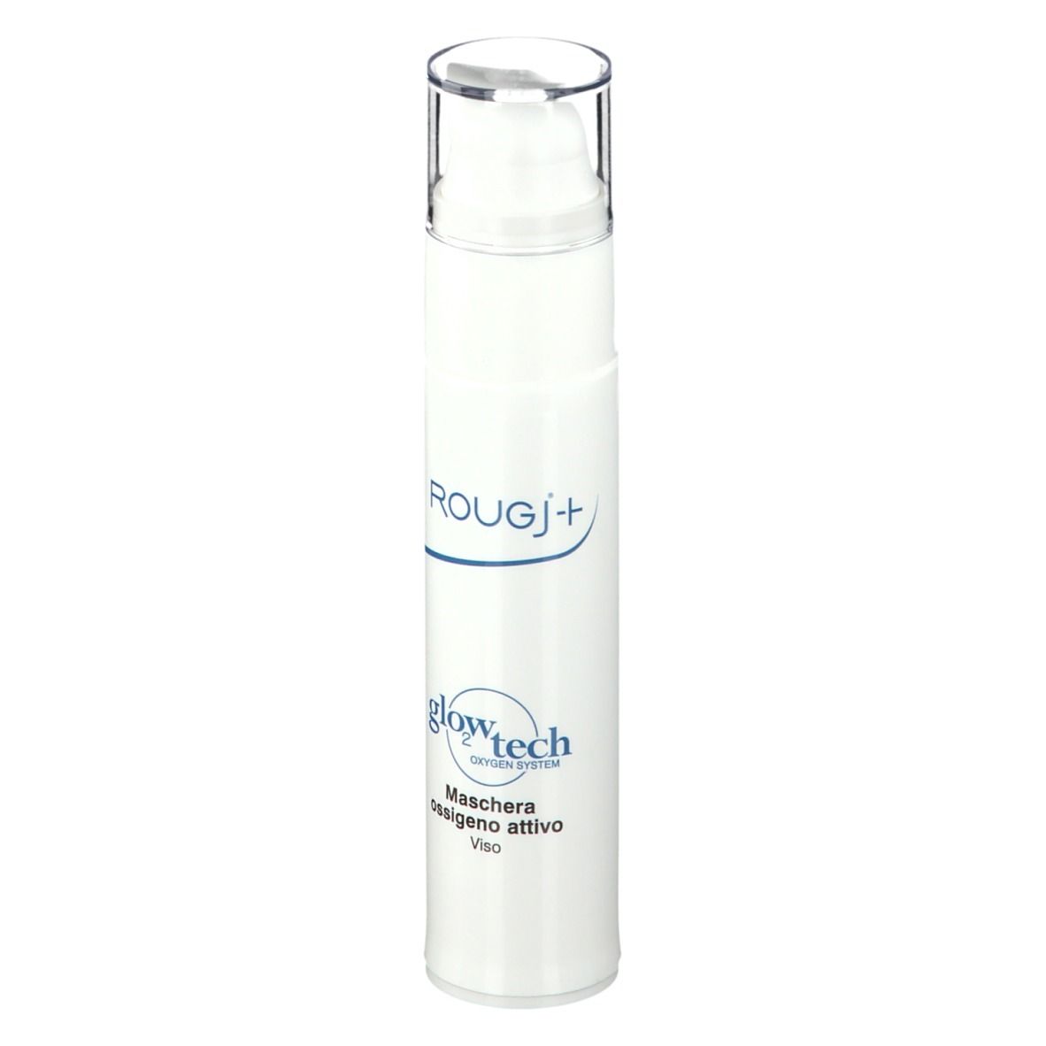 Weiße Flasche mit Pumpe. ROUGJ+ und glowtech-Schriftzug. Aufschrift: Maschera ossigeno attivo Viso.